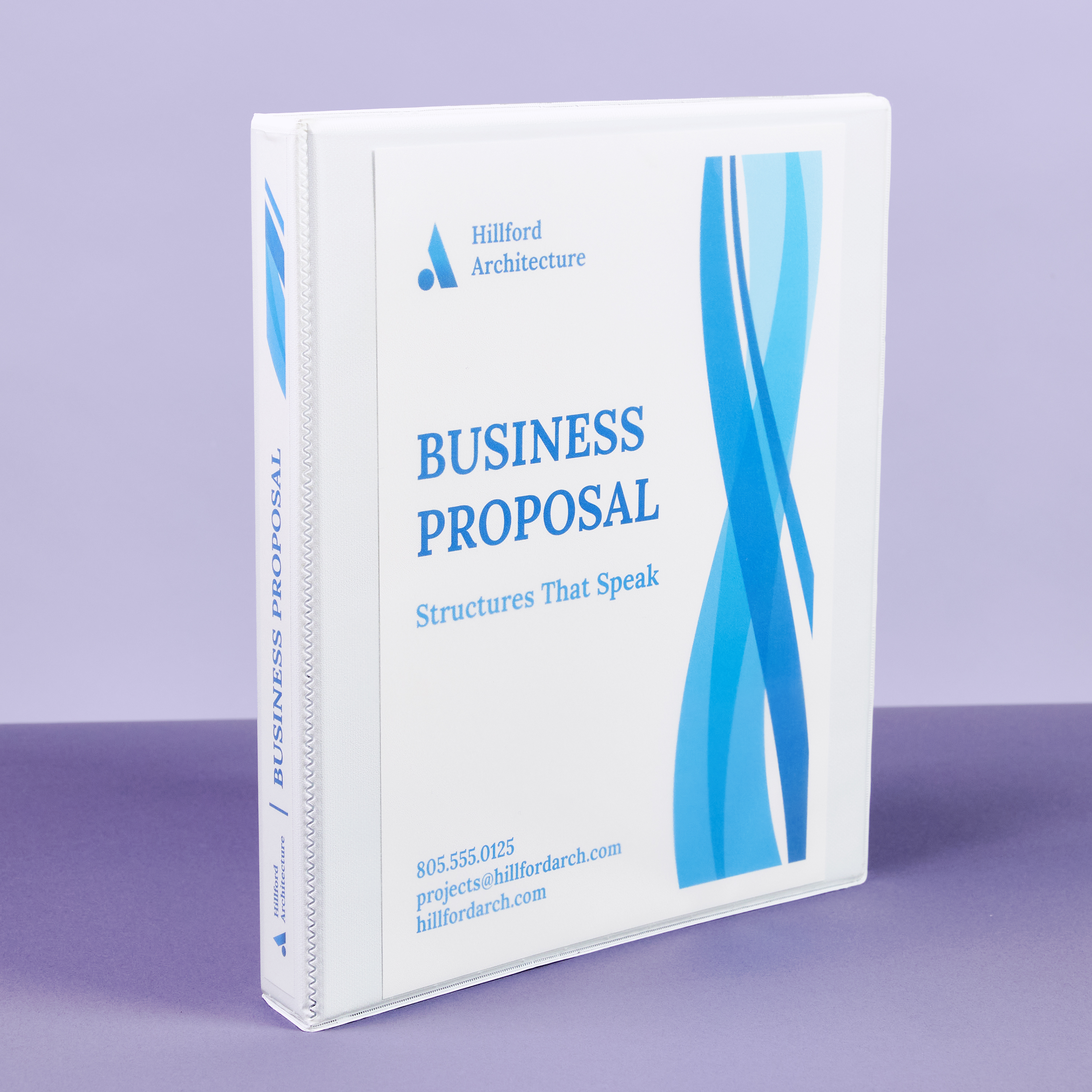 White binder labeled “Business Proposal – Structures That Speak” with a custom spine insert and cover, used as a small business marketing tool for client presentations.