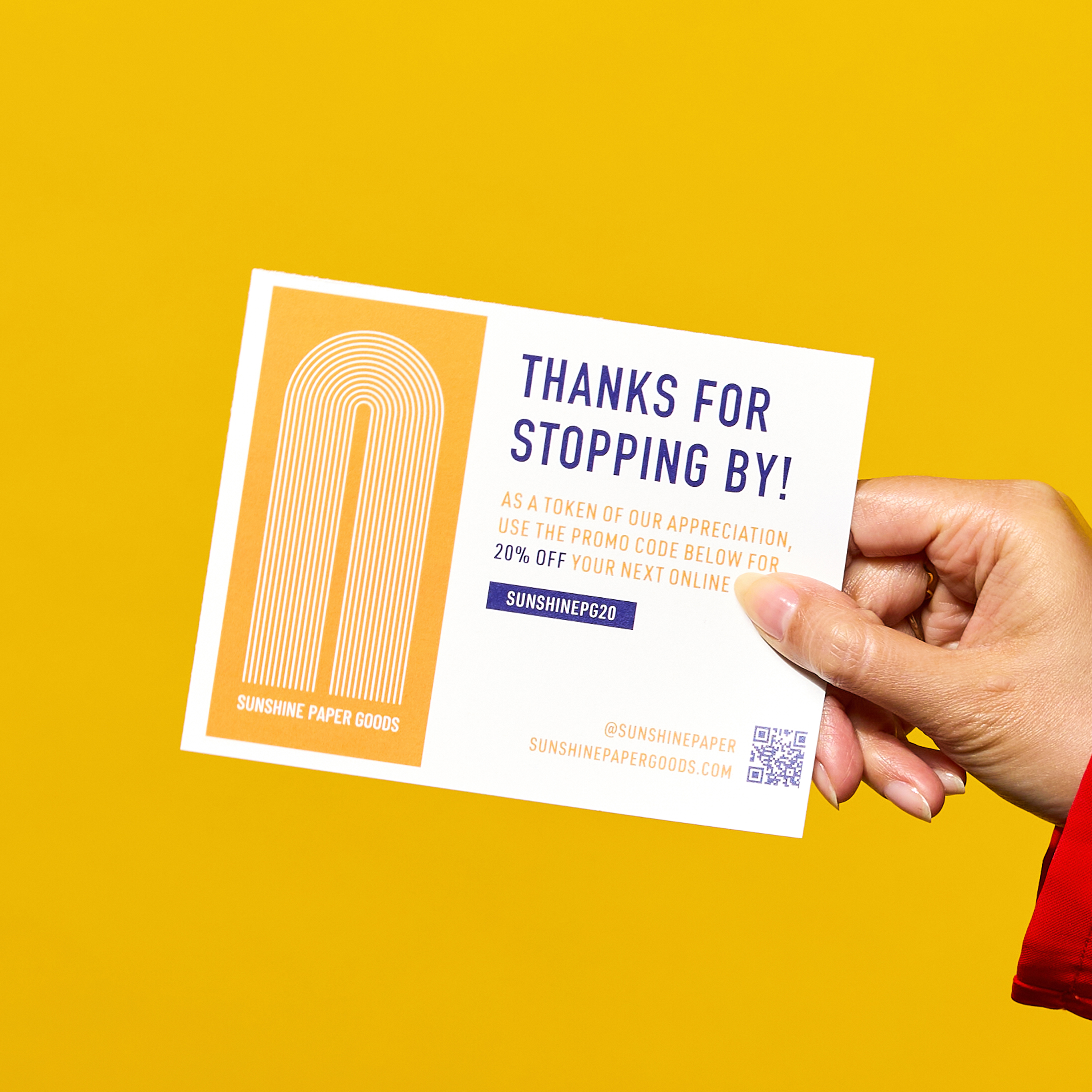 A hand holds a postcard reading “Thanks for stopping by!” with a discount offer, shown as one of several small business marketing tools for post-event follow-up.