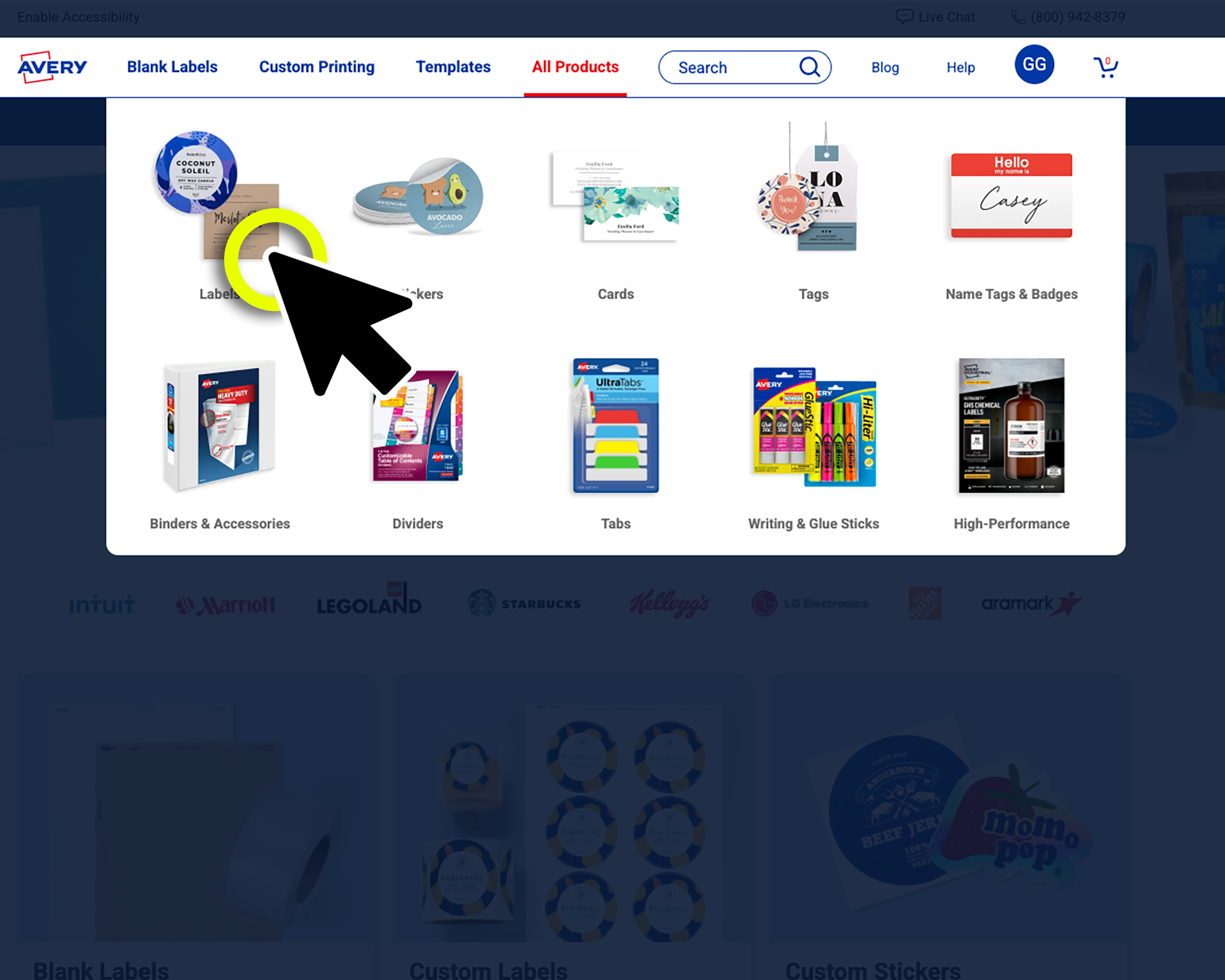 Screenshot of the Avery.com homepage with cursor hovering over “All Products” to access product categories, showing how to start filtering for eco-friendly items.