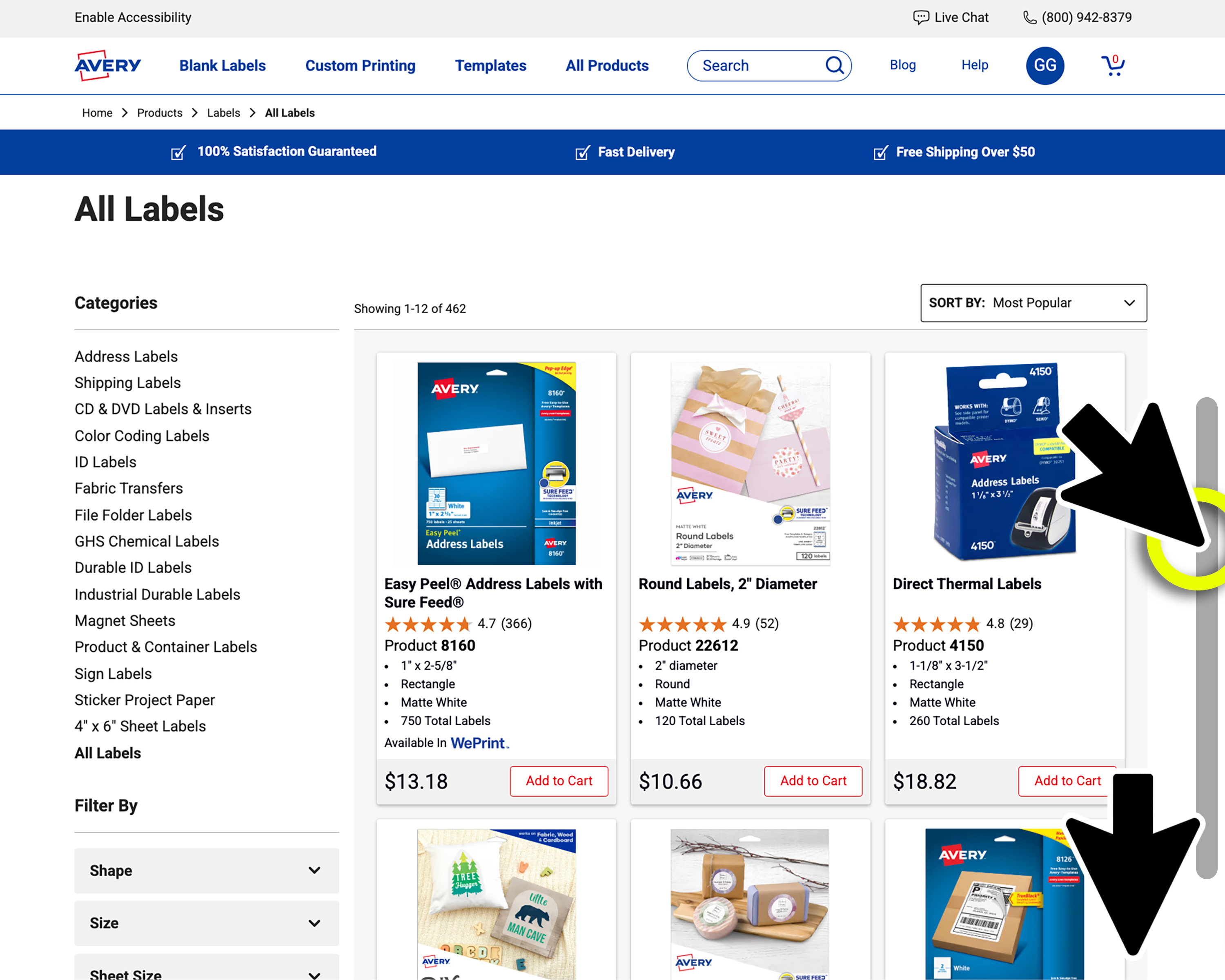 Screenshot of Avery.com label category page showing the user scrolling down past product listings to access filter options for eco-friendly features.