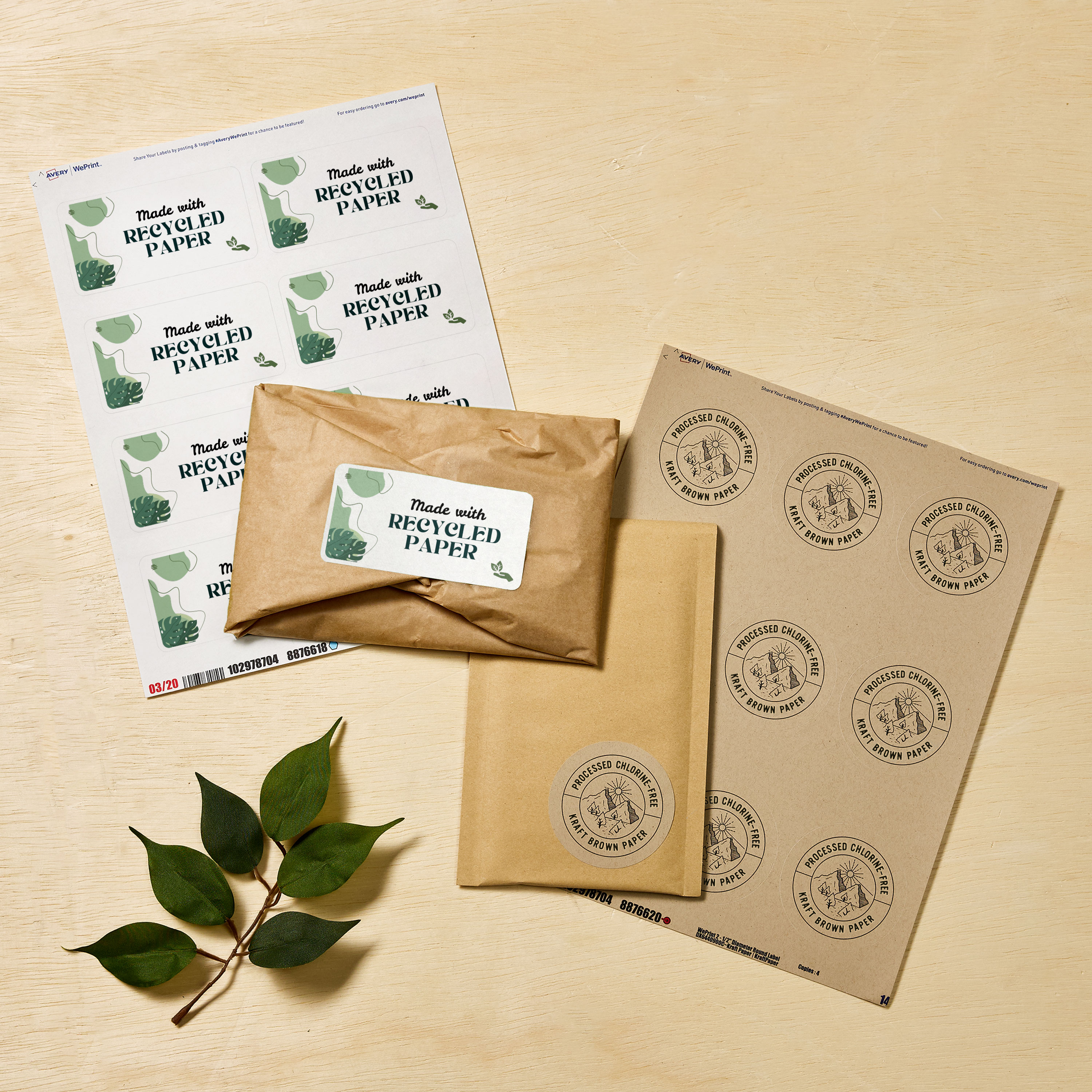 FSC-certified Avery kraft brown labels and white printable labels on responsibly sourced paper, used for eco-friendly shipping and packaging.