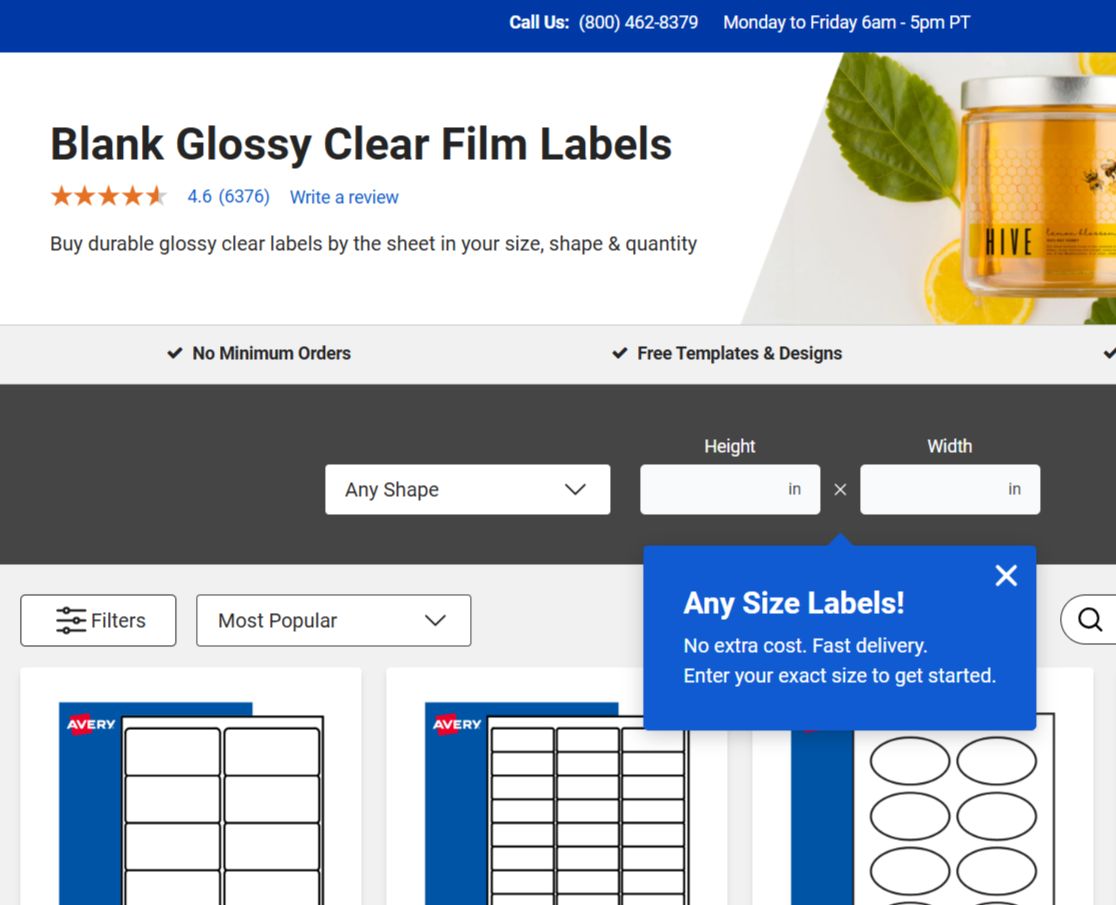 A webpage highlights Avery's Blank Glossy Clear Film Labels, designed for customization in any shape or size. Users can easily select dimensions and access templates and designs for their projects. These labels are versatile and ideal for adding a polished touch to items like file folders or storage bins of any size.