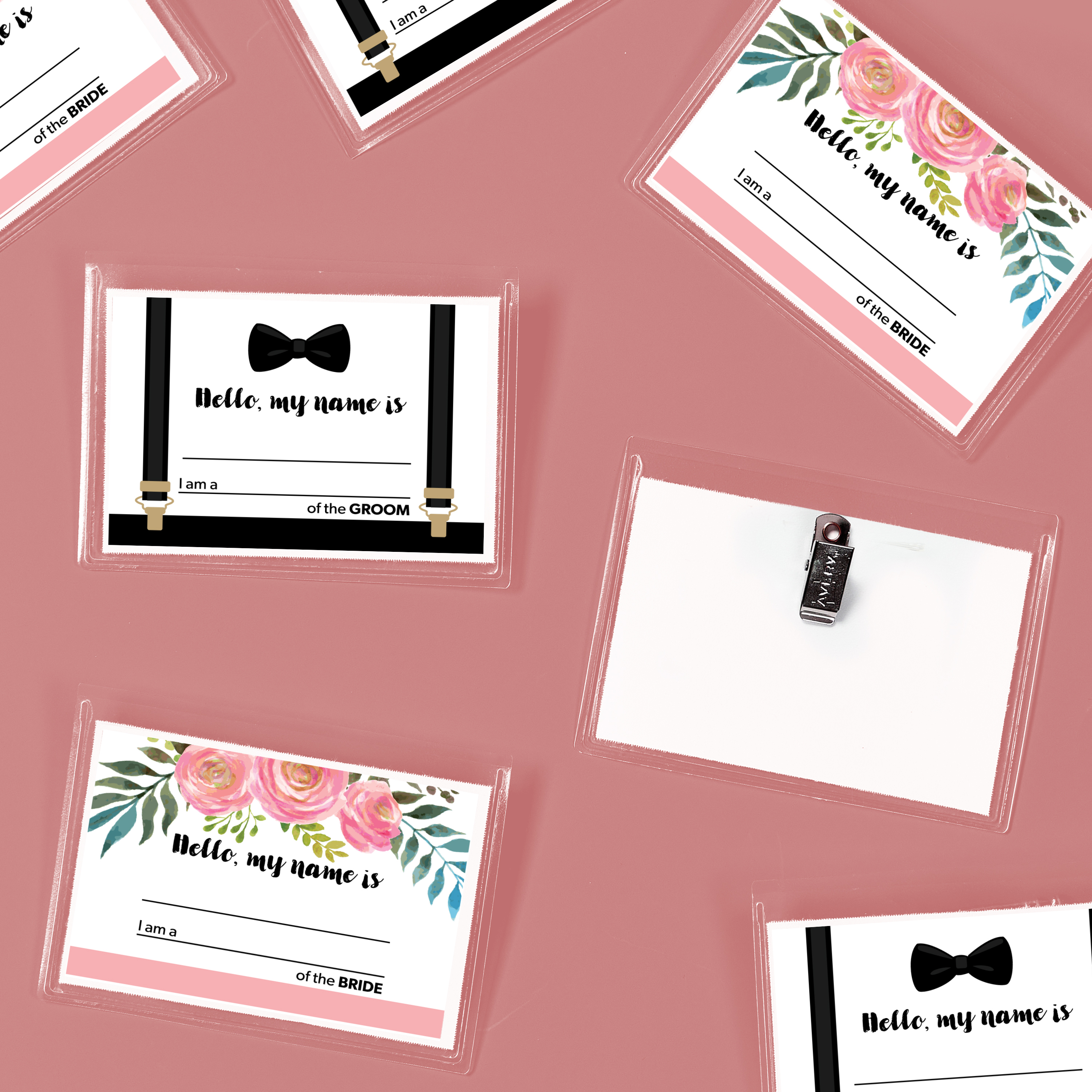 Whimsical name tags for bride and groom relations. The designs for the groom side feature a bowtie and suspenders while the bride side feature pretty pink peonies. 