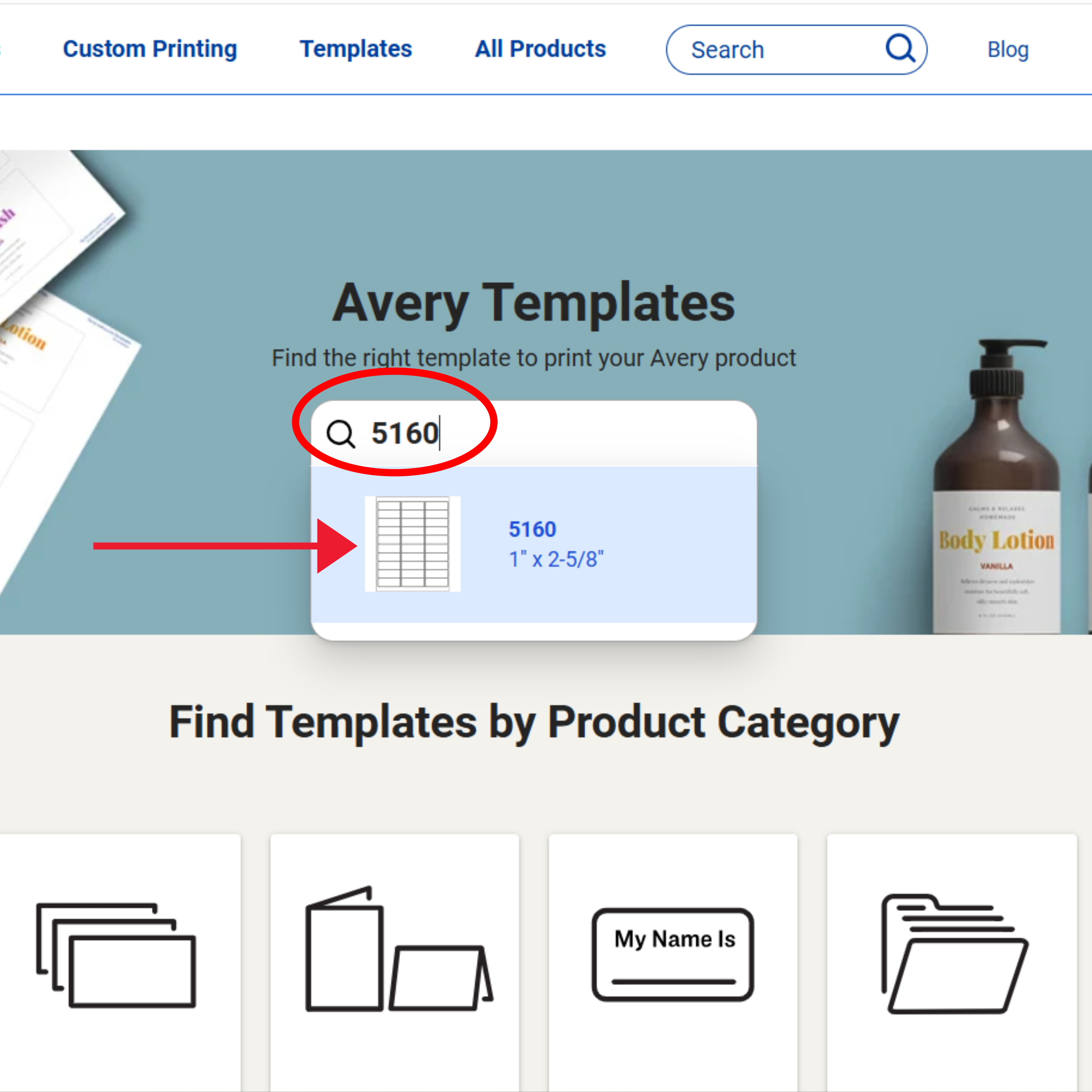 Screenshot of the Avery Templates page with the product number '5160' entered into the search bar, displaying a label size preview.