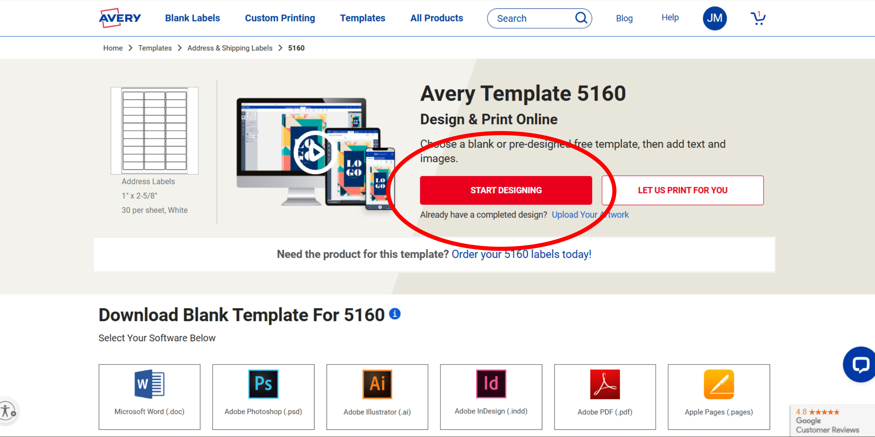 Screenshot of the Avery Template 5160 page with the 'Start Designing' button highlighted.