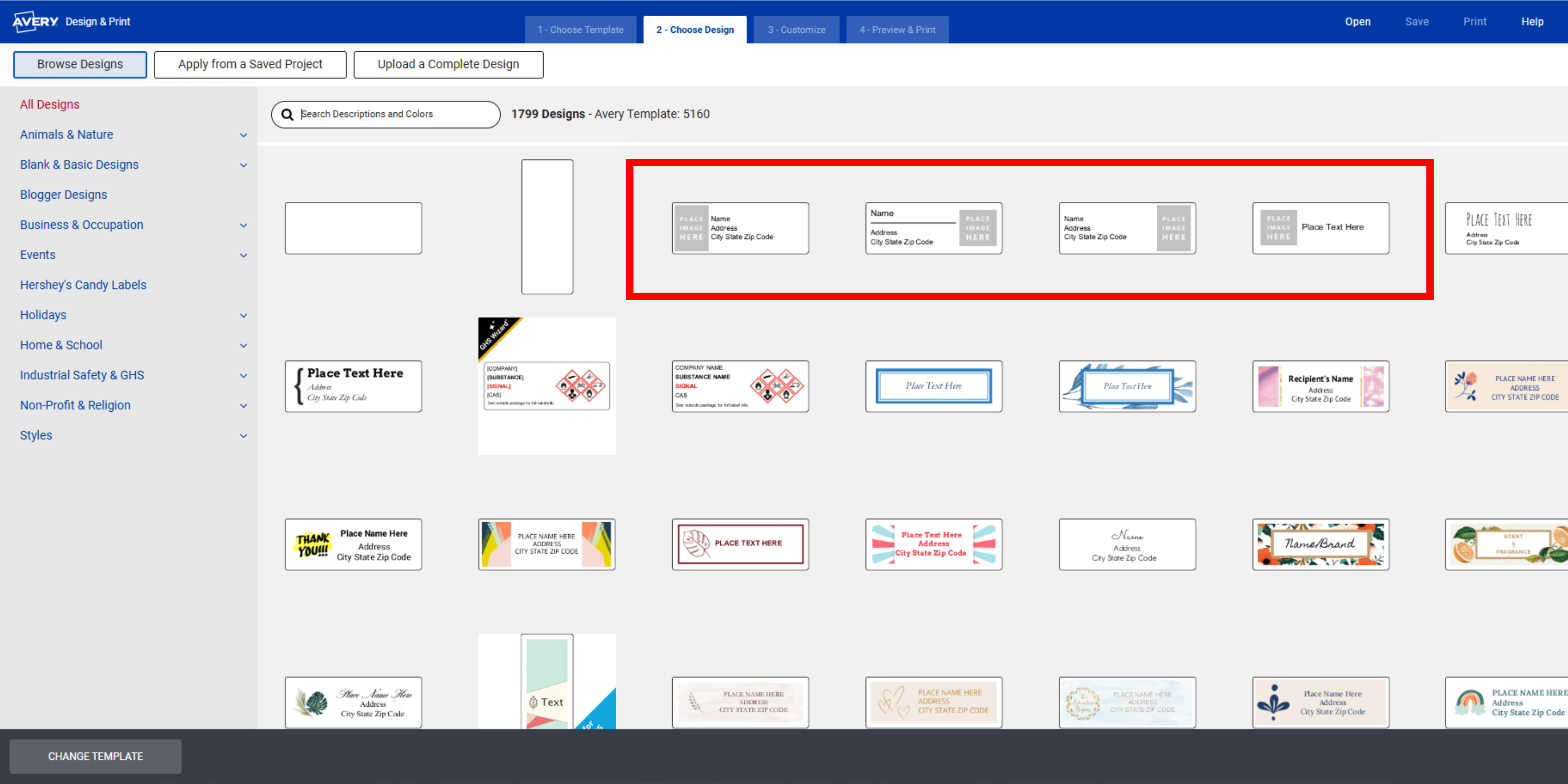 "Screenshot of the Avery Design & Print Online interface showing template design options for Avery Template 5160, with a blank address label design highlighted for creating photo mailing labels or custom photo address labels