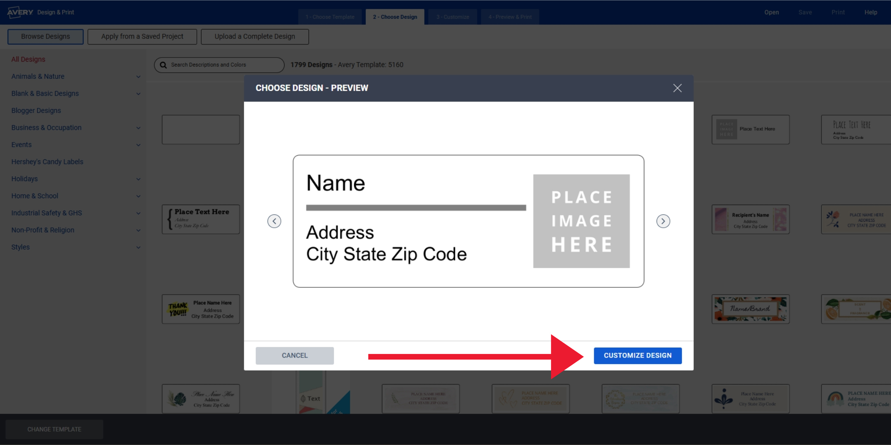 Screenshot of the Avery Design & Print Online interface displaying a preview of a return address label design with a placeholder for an image, and the 'Customize Design' button highlighted.