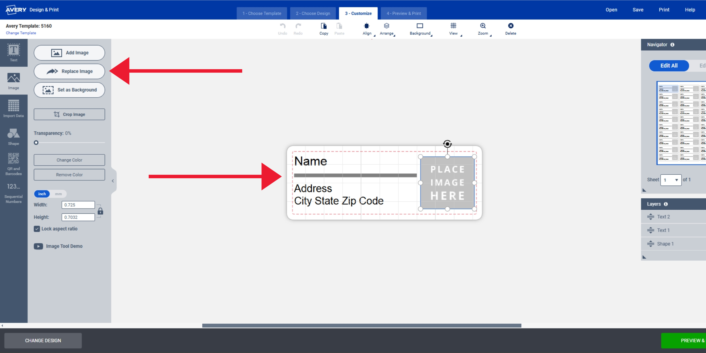 Screenshot of the Avery Design & Print Online editor showing the customization interface for a return address label. Arrows point to the 'Replace Image' button and the image placeholder, highlighting steps to add a photo for creating custom photo address labels or picture labels.