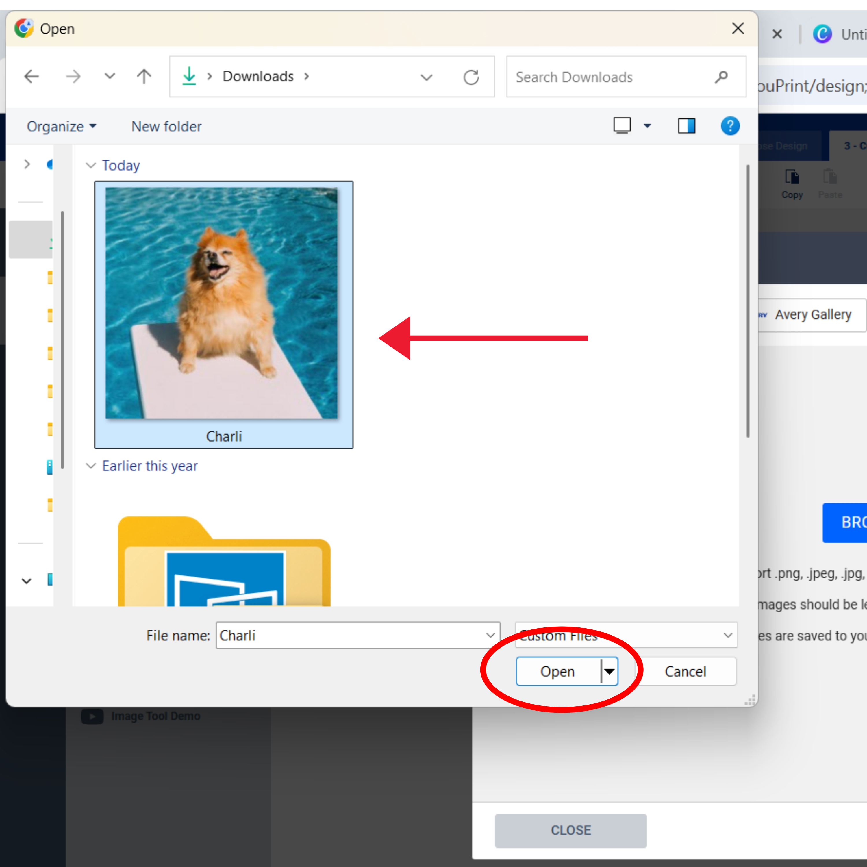 Screenshot of a file upload window with an image of a dog named Charli selected and the 'Open' button highlighted, illustrating the step to upload a photo for creating custom photo address labels or picture labels.