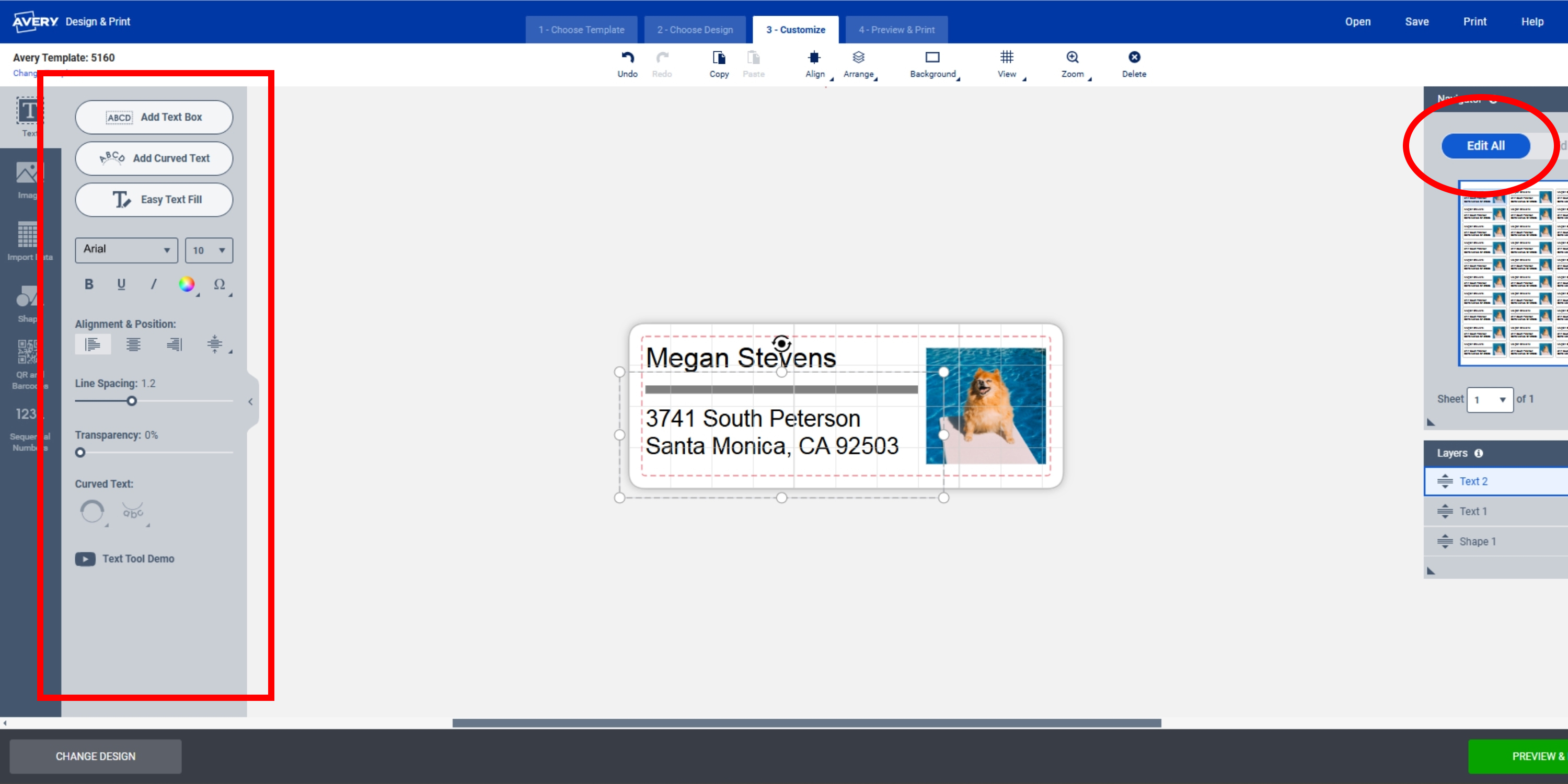 Screenshot of the Avery Design & Print Online editor showing a customized address label with a photo of a dog. The text editing tools are highlighted on the left, and the 'Edit All' button is highlighted on the right, demonstrating how to design photo mailing labels or custom photo address labels.
