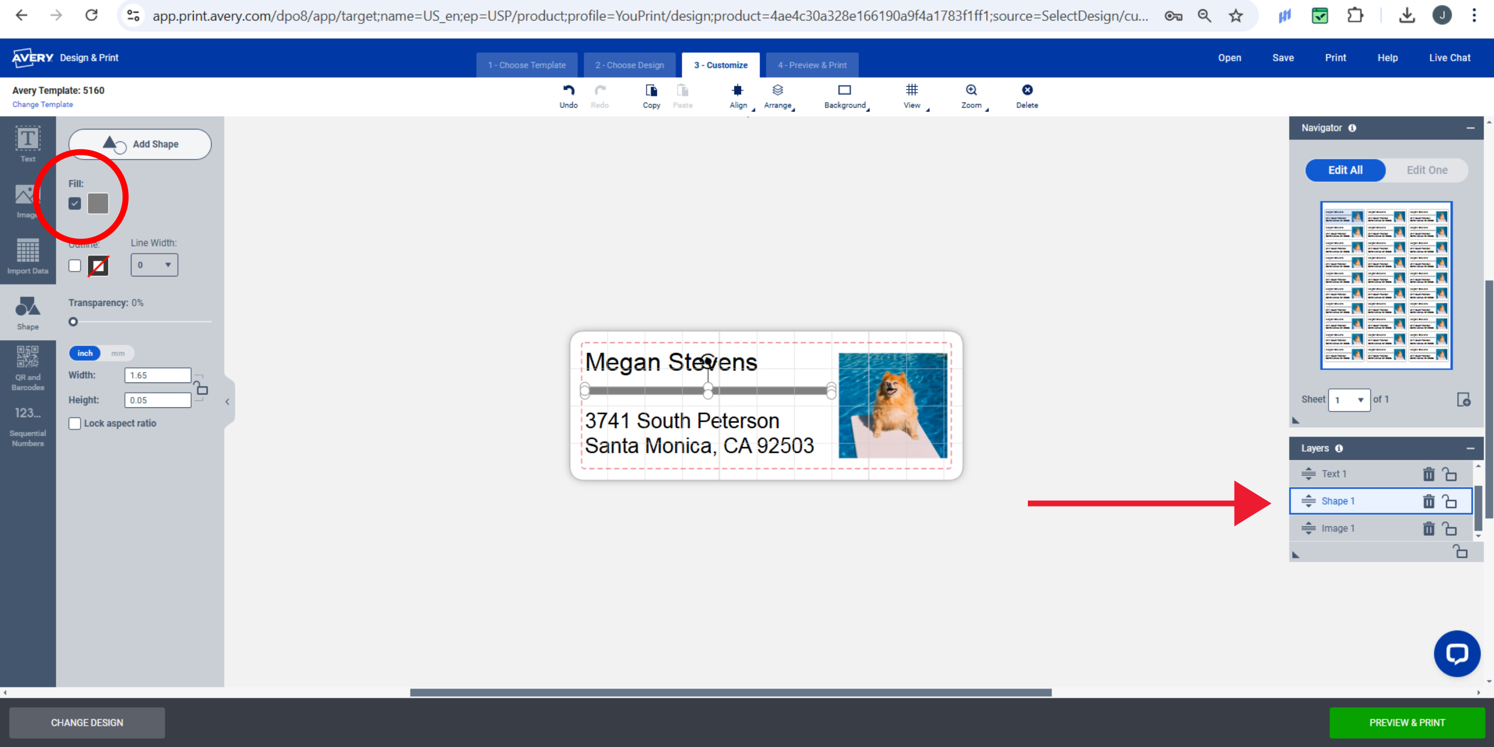 Screenshot of the Avery Design & Print Online editor with the shape tool highlighted on the left and the layers panel highlighted on the right, showing a completed custom photo address label design featuring a dog photo and recipient details.