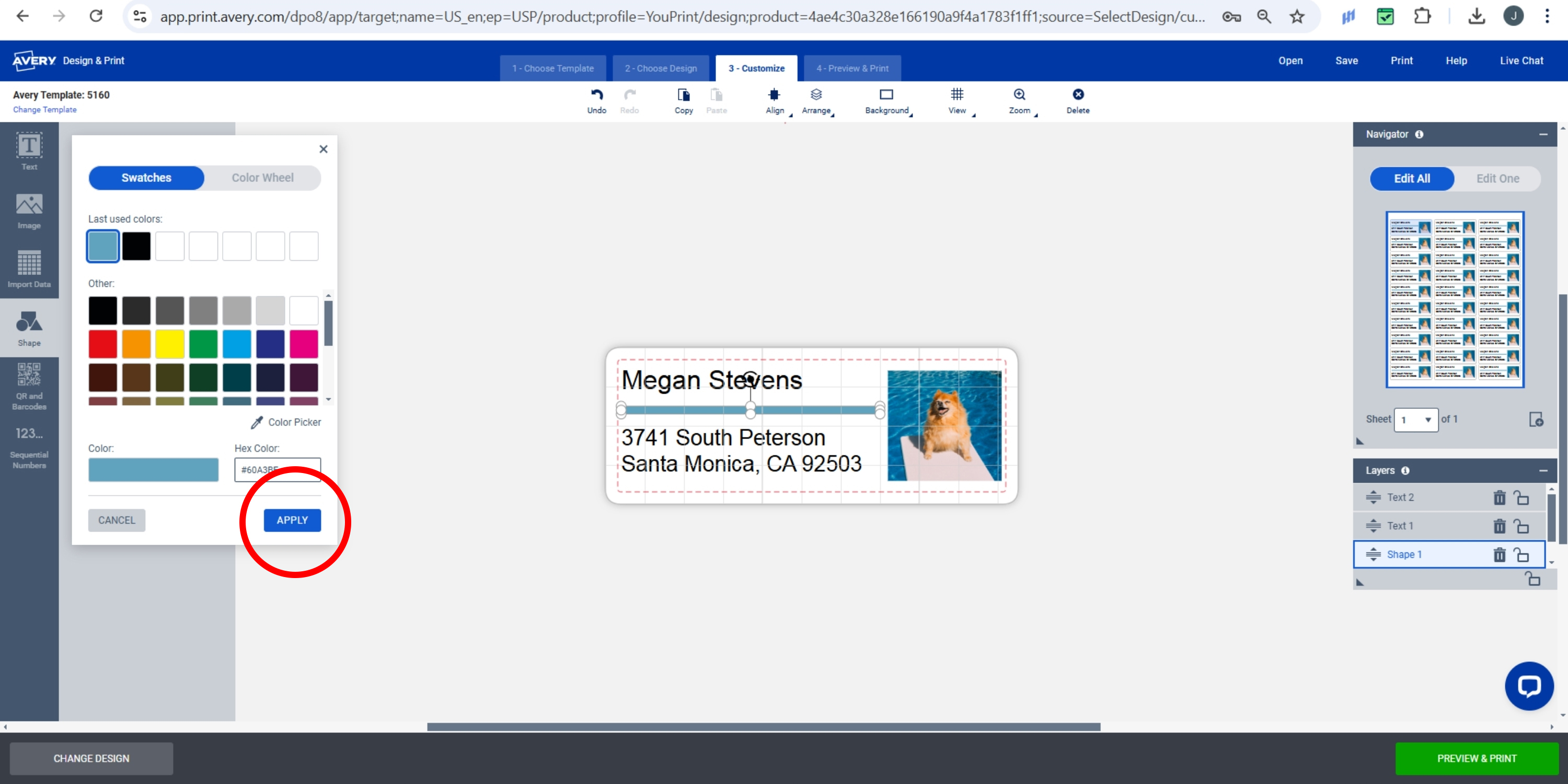 Screenshot of the Avery Design & Print Online editor showing the color swatch menu on the left with the 'Apply' button highlighted, alongside a custom photo address label design featuring a dog photo and recipient details.
