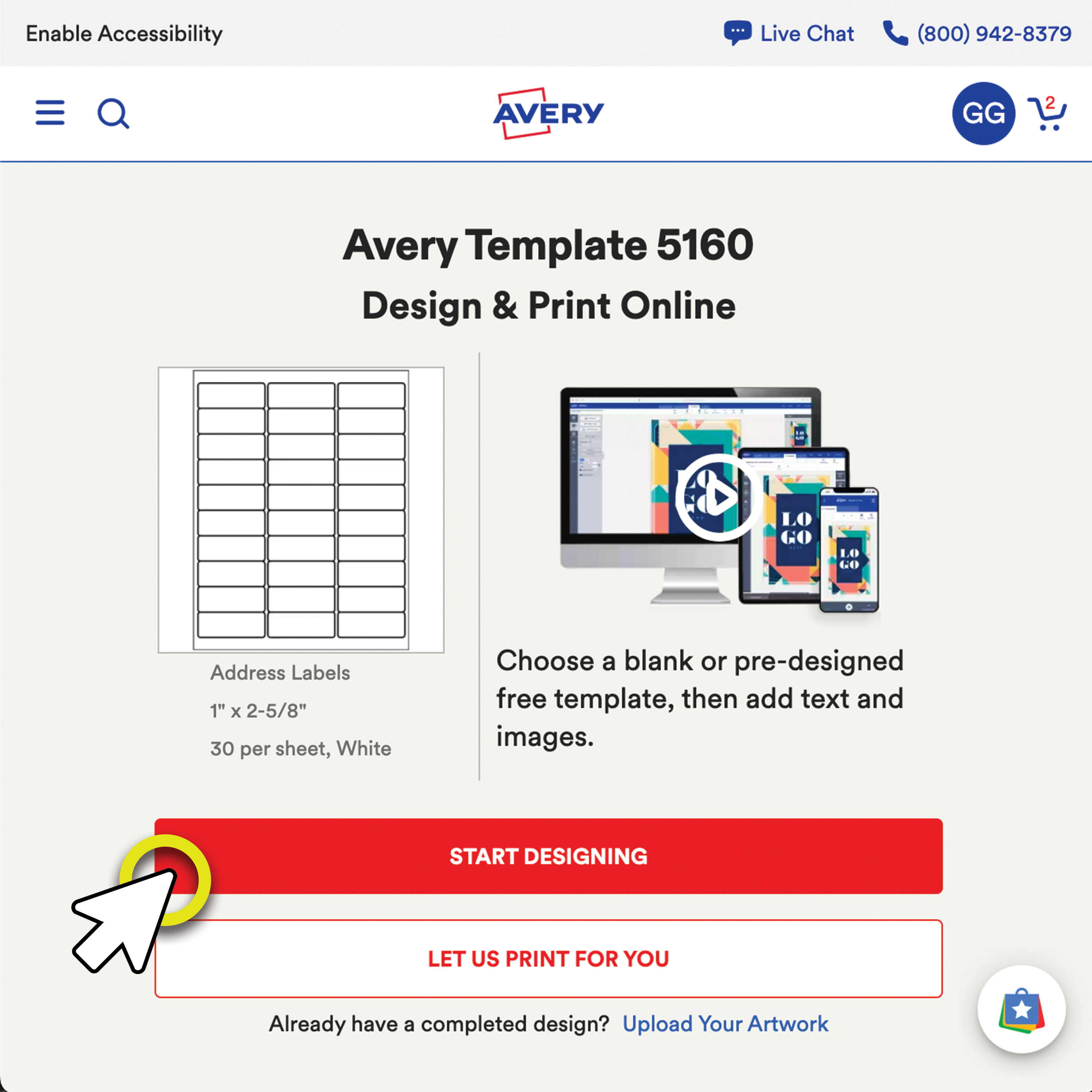 Screenshot of the Avery Template 5160 page with a red “Start Designing” button highlighted, showing options to choose a blank or pre-designed template for address labels in Avery Design & Print Online.