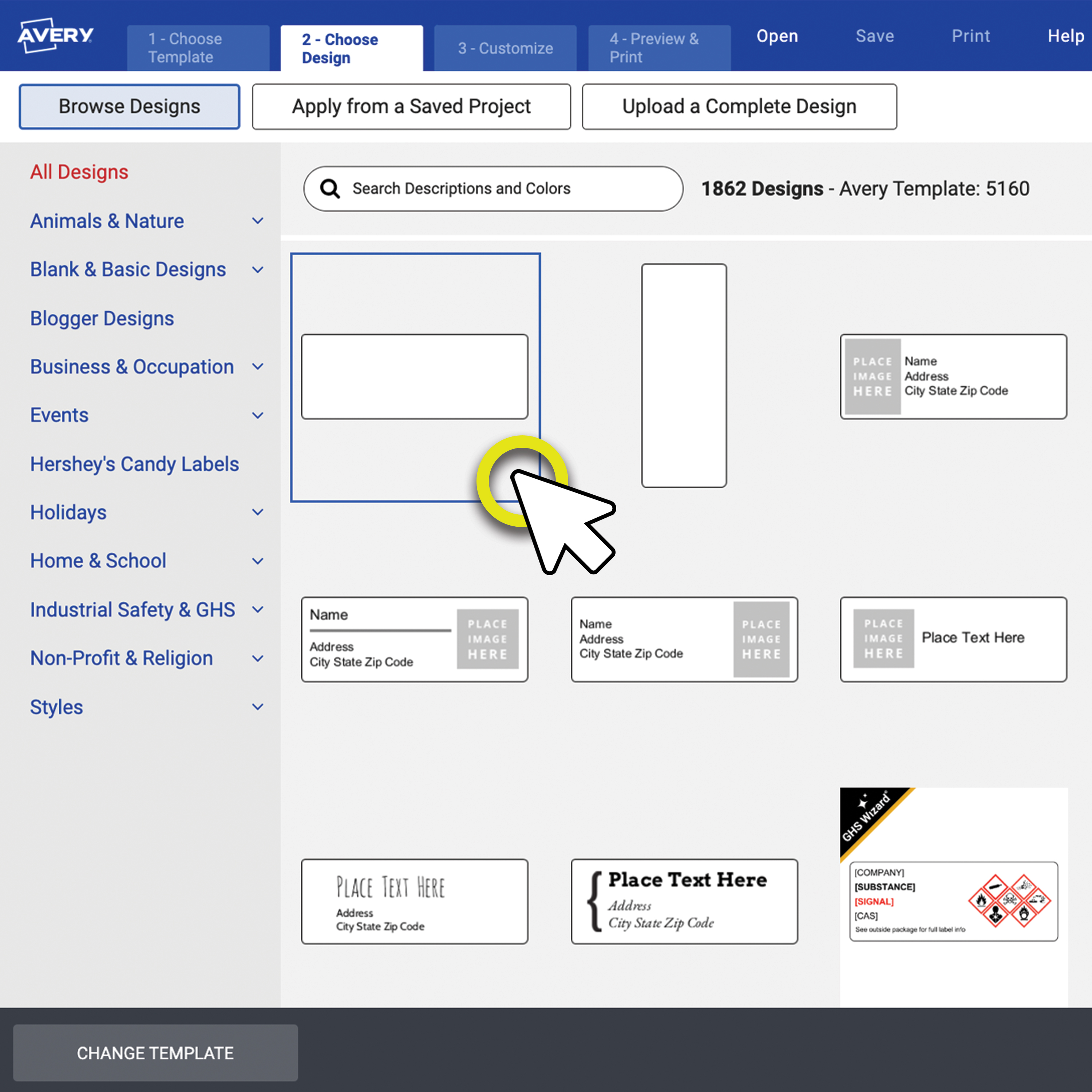 Screenshot of Avery Design & Print template selection screen showing different label designs. The left-hand menu lists design categories, and a cursor highlights a blank address label template for customization.