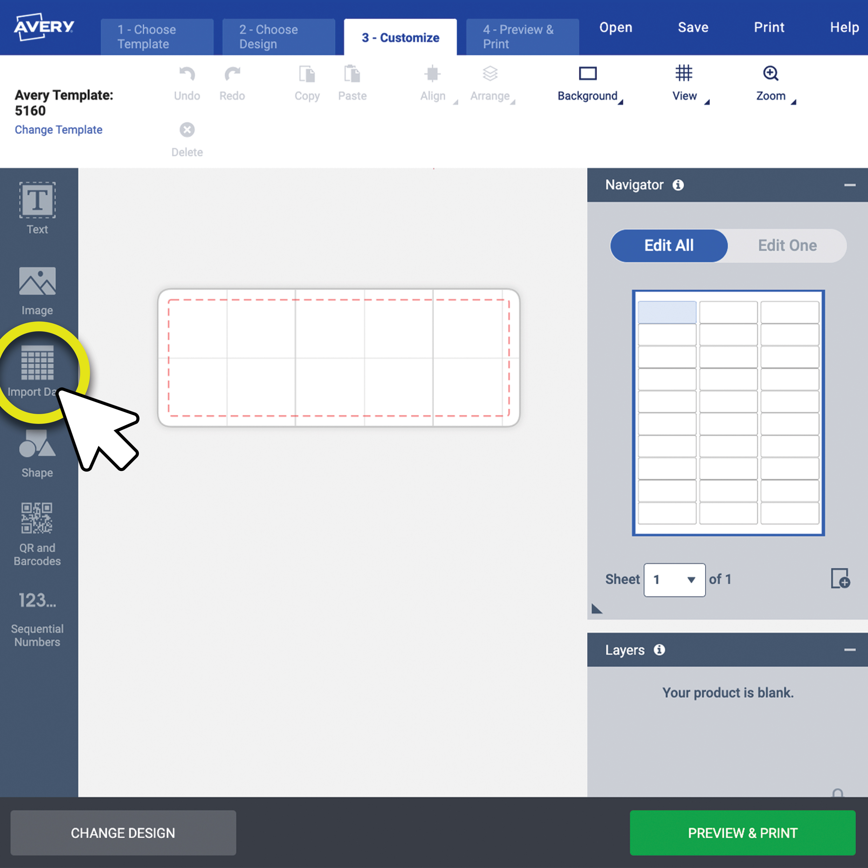 Screenshot of Avery Design & Print customization screen showing a blank label sheet. A large cursor highlights the "Import Data" button on the left-hand menu to begin a mail merge with spreadsheet data.