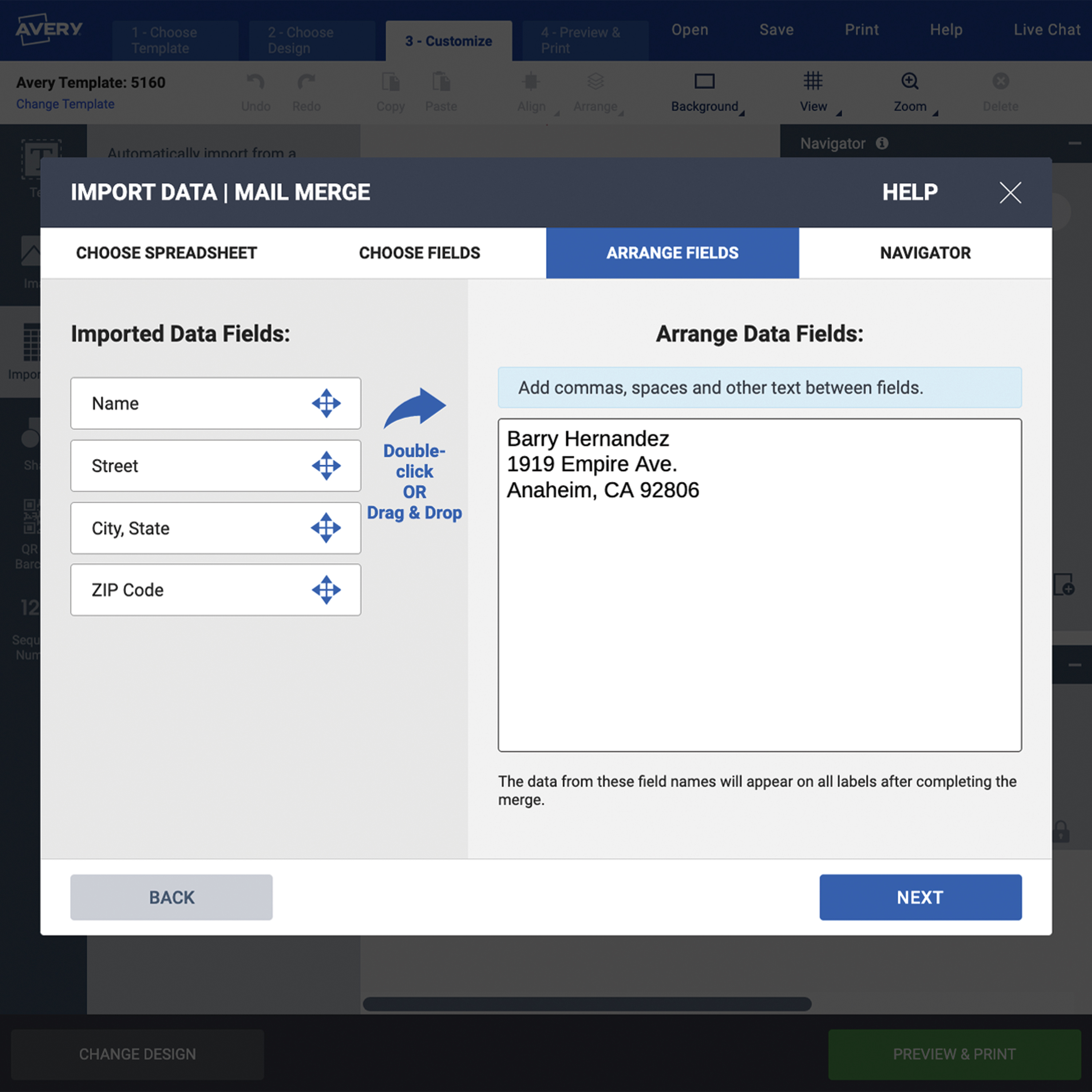 Screenshot of the Arrange Data Field screen on Avery Design & Print. A contact name and address  are shown with directions to double click or drag data elements to change the arrangement.