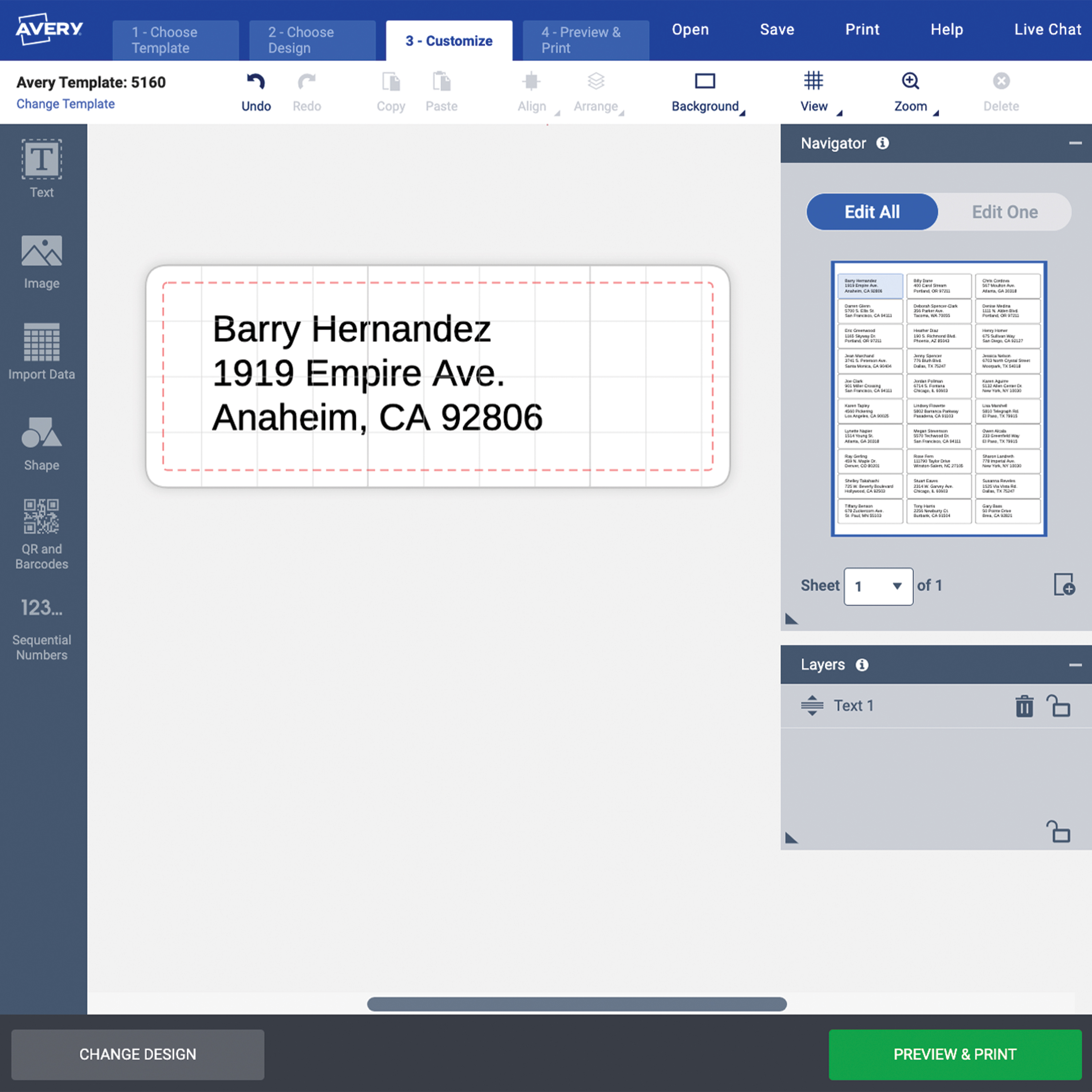 Screenshot of the editable label design on Avery Design & Print. A single address label is previewed after merging data, with editing tools visible in the sidebar.