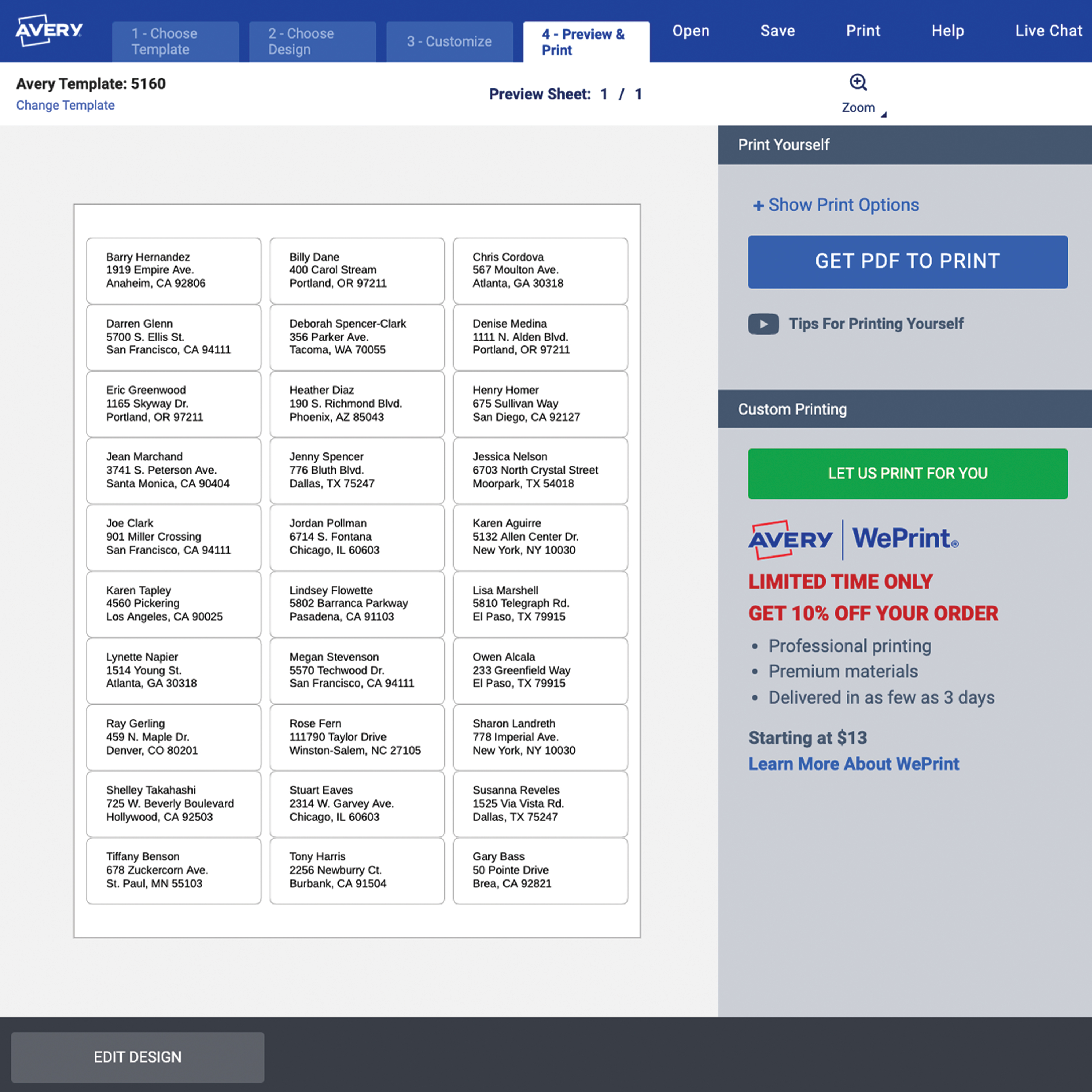 Screenshot of the Preview and Print screen of Avery Design & Print. A preview of the full label sheet is shown with different contact information merged and options to print a PDF or order it professionally printed.