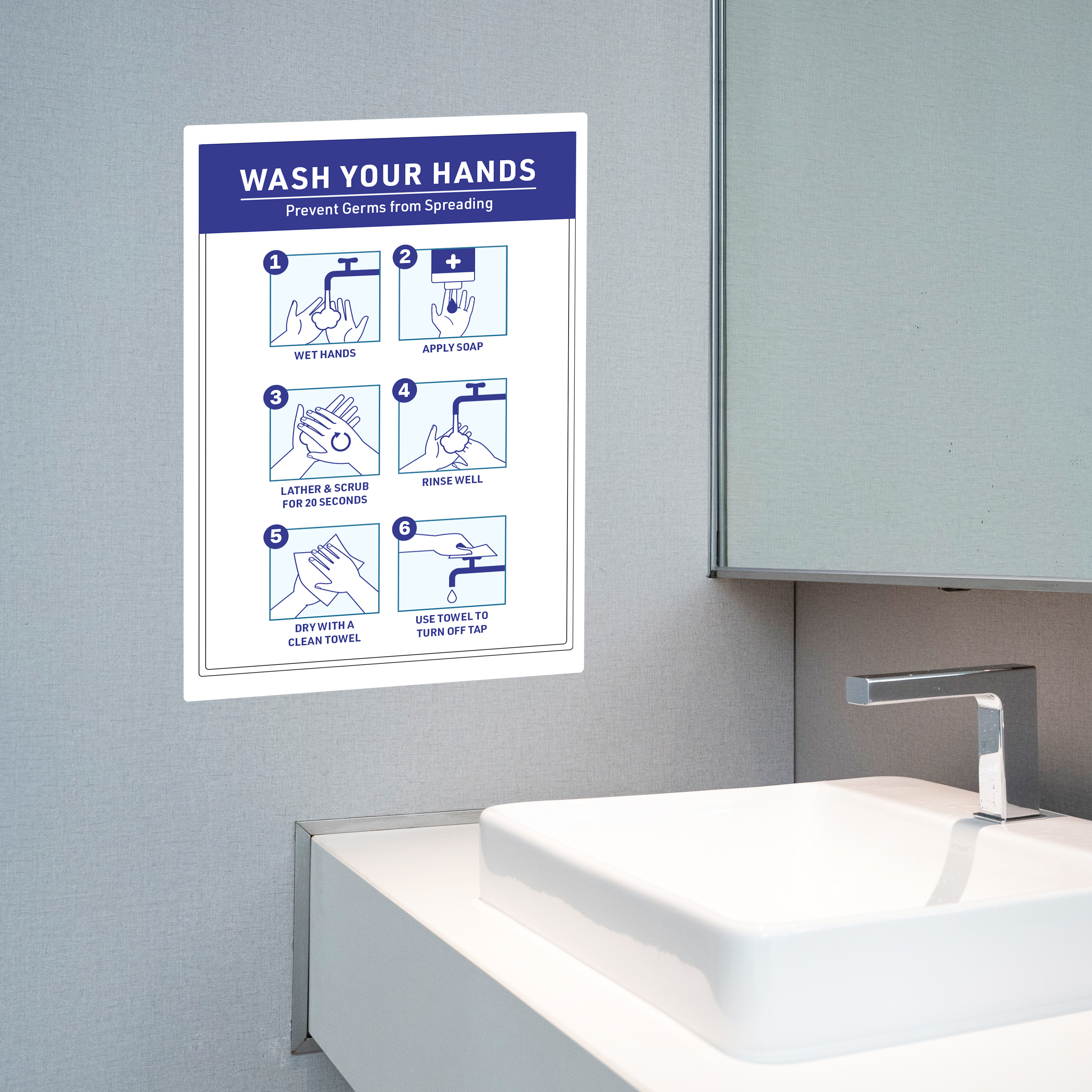 An example of a handwashing sign posted in a bathroom. The sign is printed on Avery 61552 vinyl sign labels.
