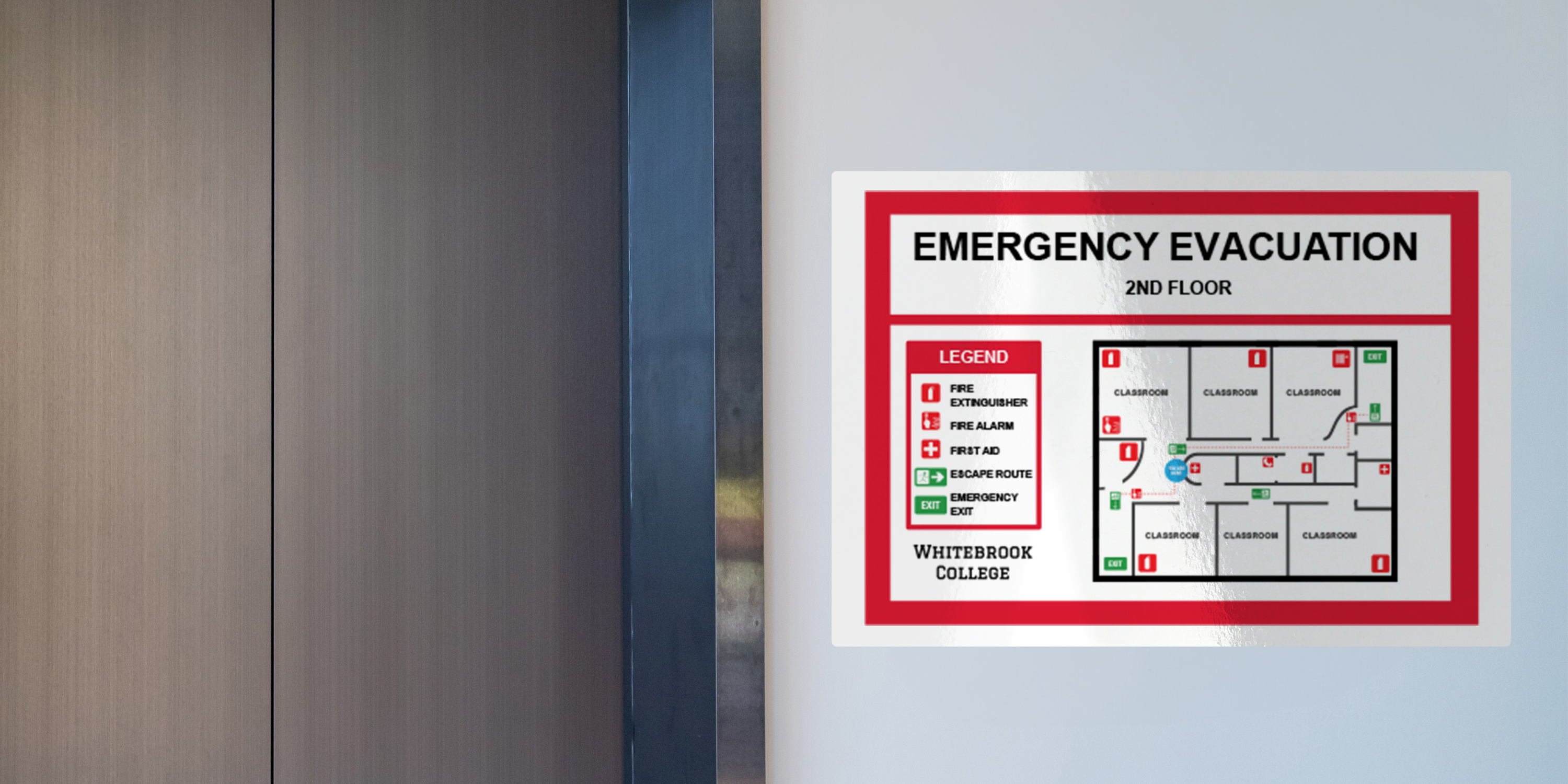 An example of an emergency evacuation sign printed on Avery 61582 reflective self-adhesive signs.
