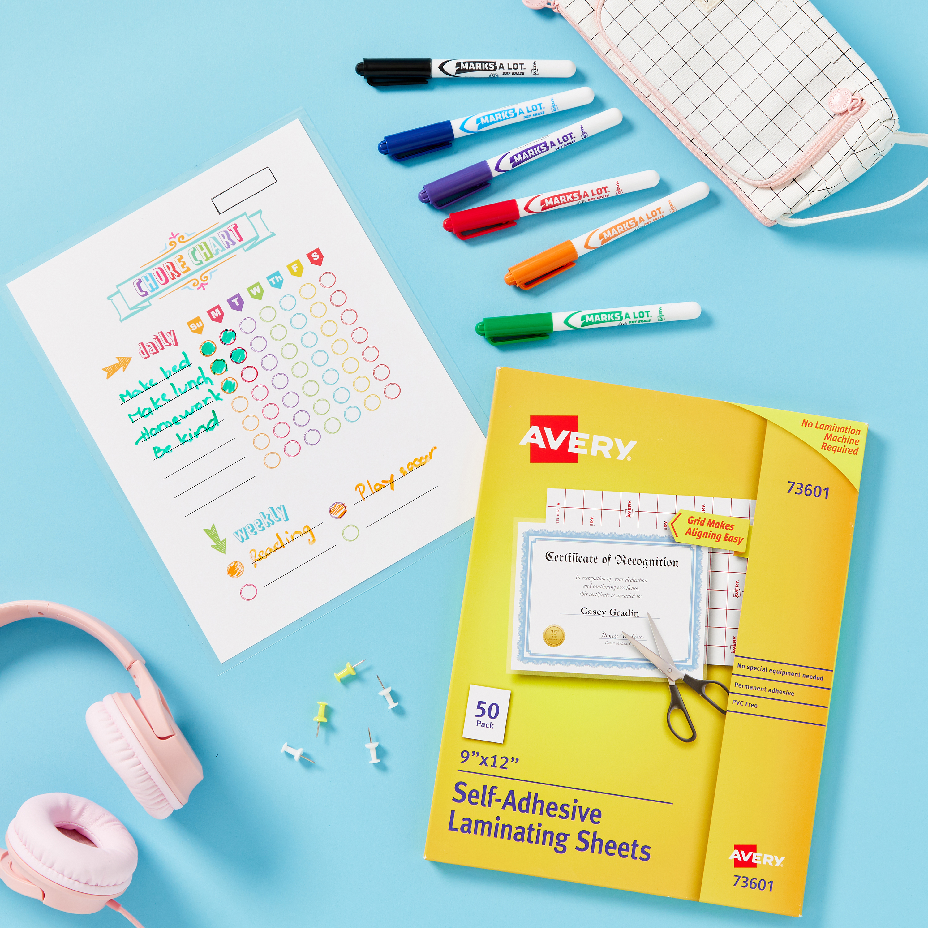Avery 73601 laminating sheets and 24481 dry erase markers are shown used together to demonstrate making a DIY dry erase chore chart for tweens and teens. 