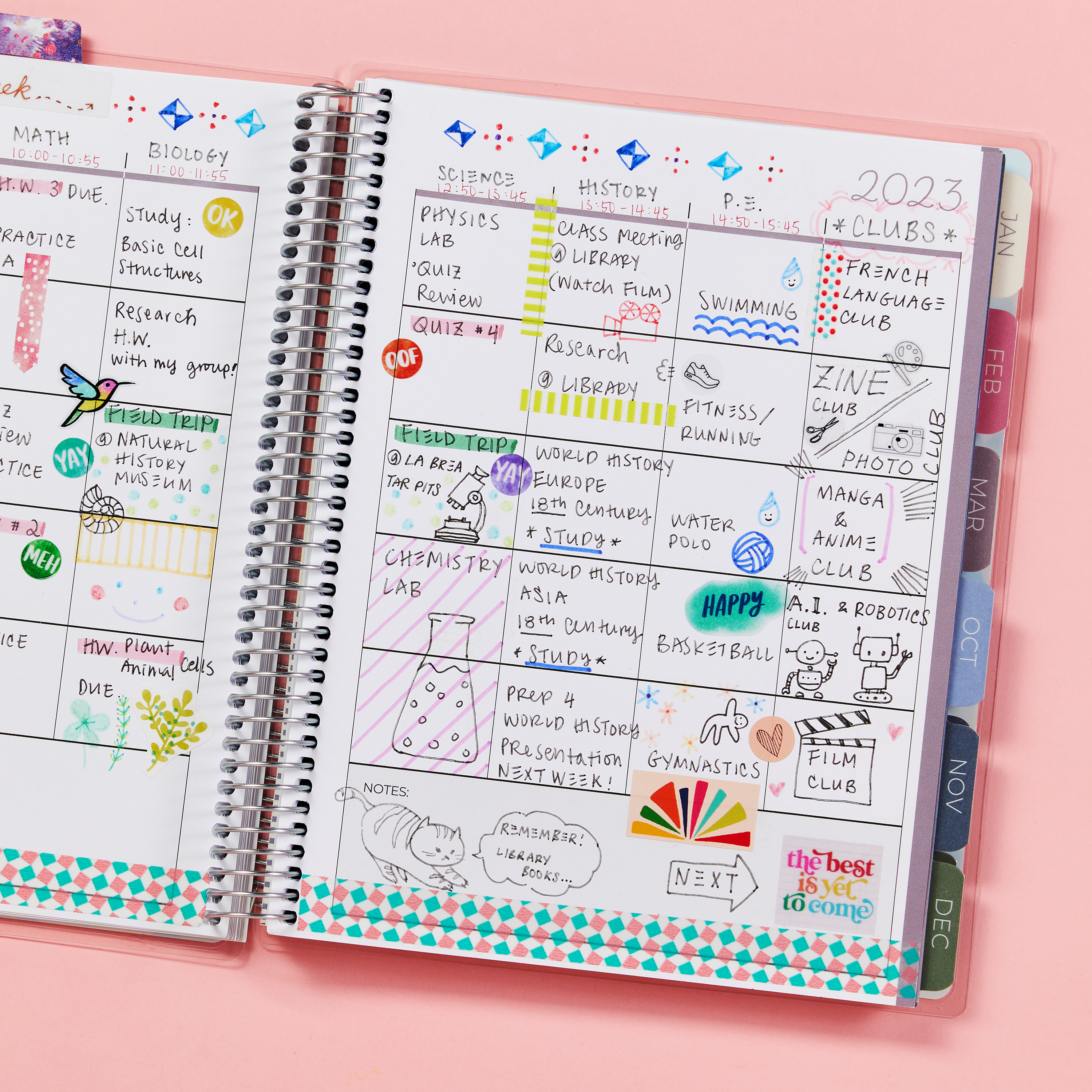 An open Avery academic planner (29874) is shown as an important item for a high school back-to-school checklist. The planner has dated tabs from July to June and is filled in with school planning notes.
