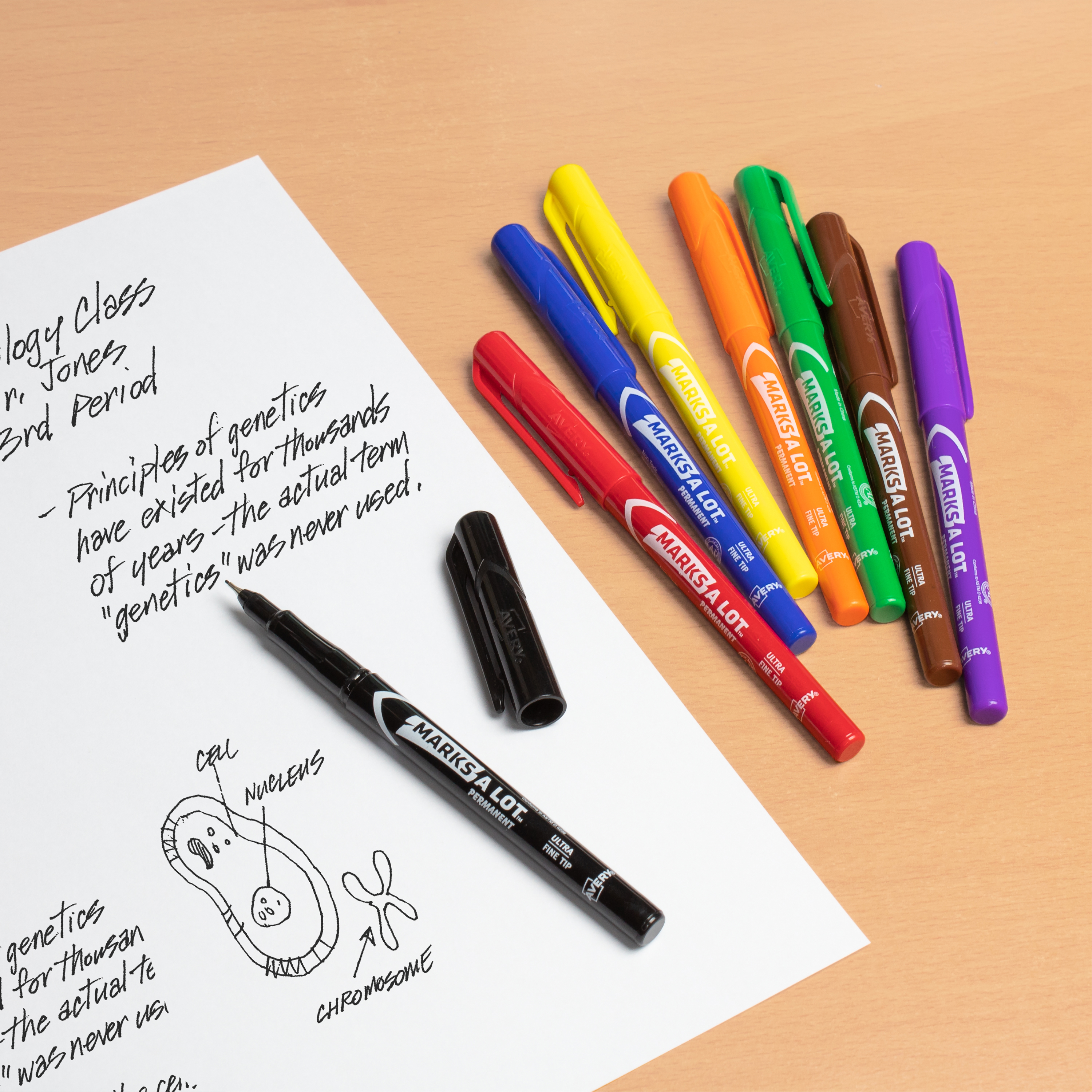 Avery 9231 markers are shown on a table being used for drawing diagrams for school. 