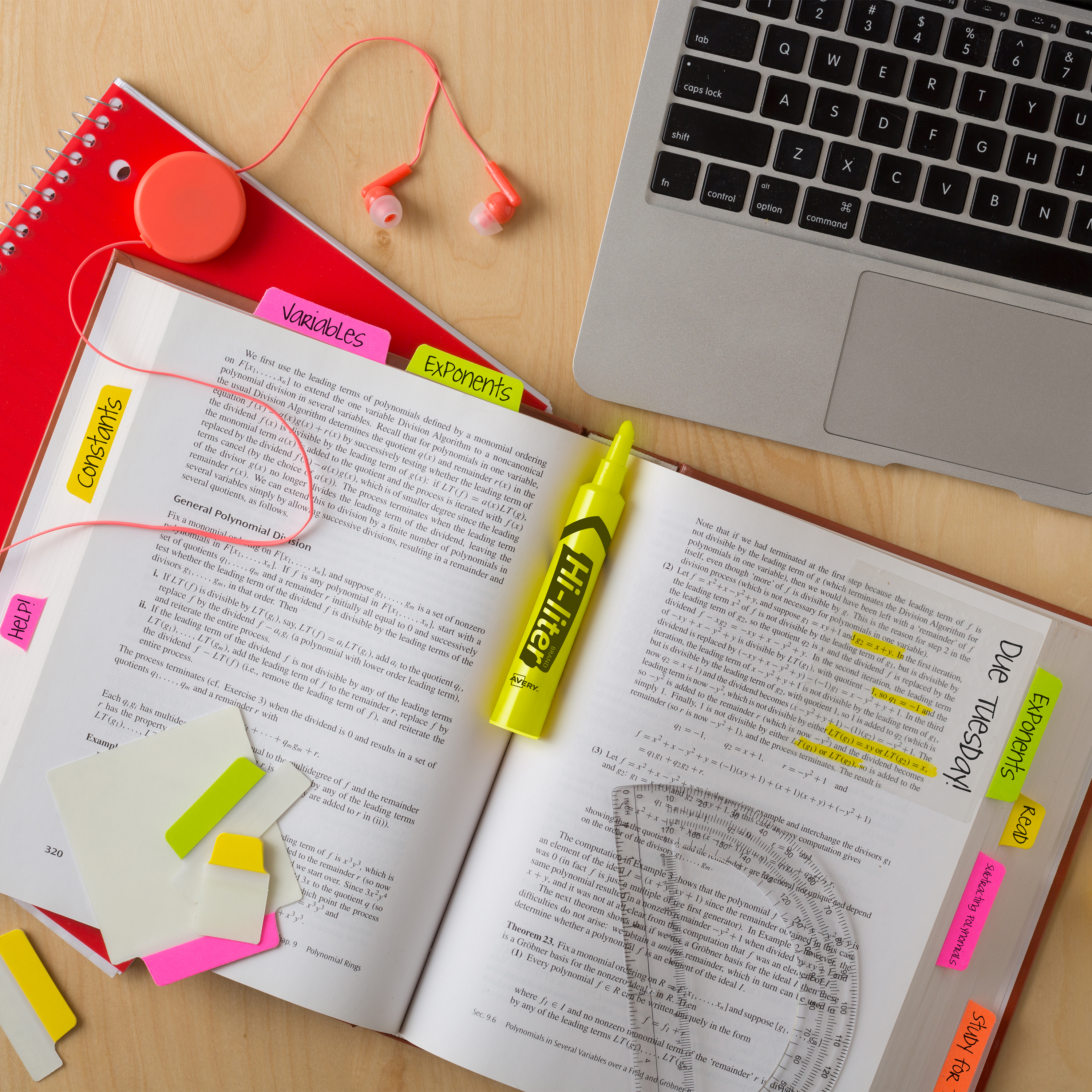 An open textbook is shown with a yellow Avery Hi-Liter and Avery 74767 neon Ultra Tabs. 