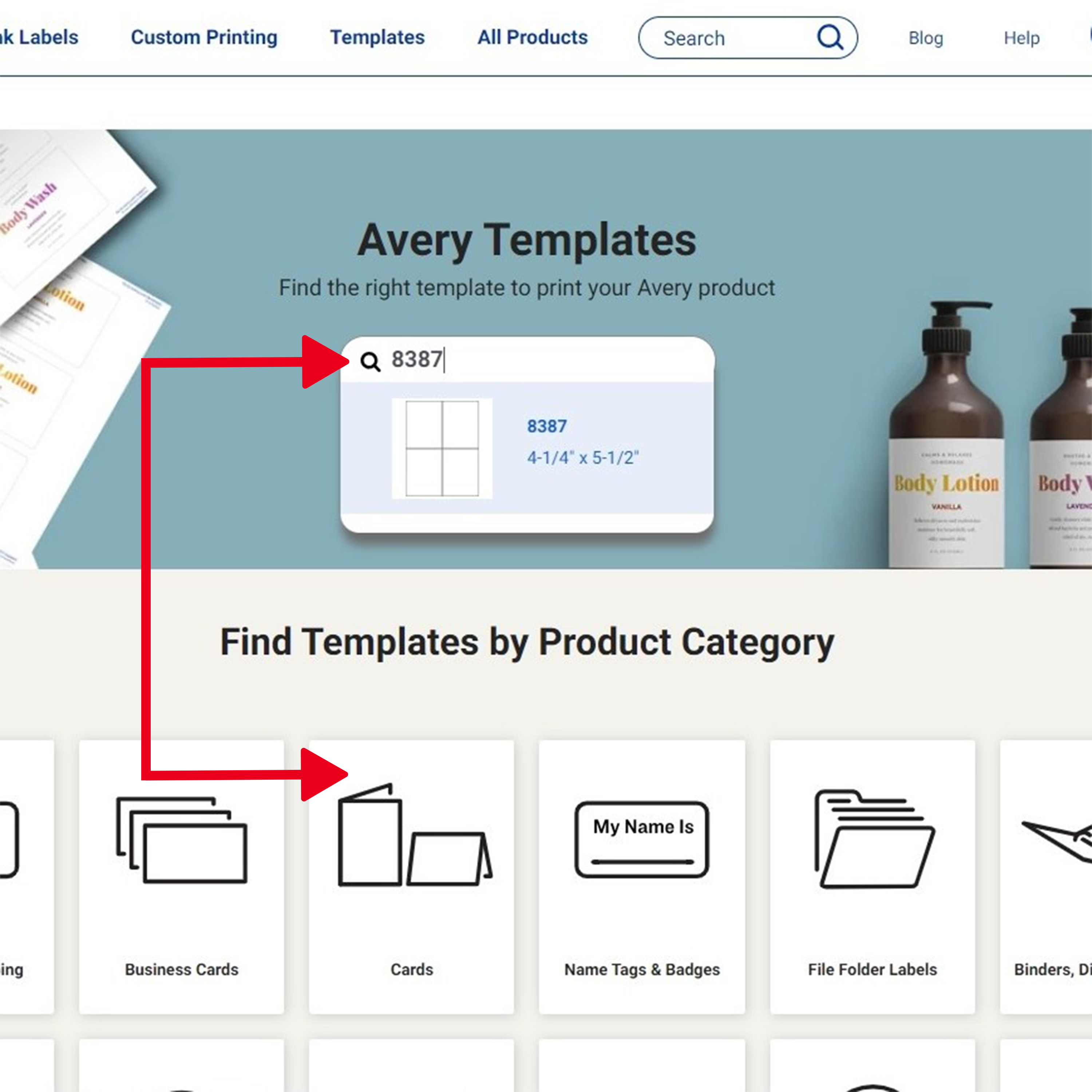 A screenshot of the template finder page on the Avery website. The screenshot shows how to find Avery templates to design cards online for free using the card product number. 