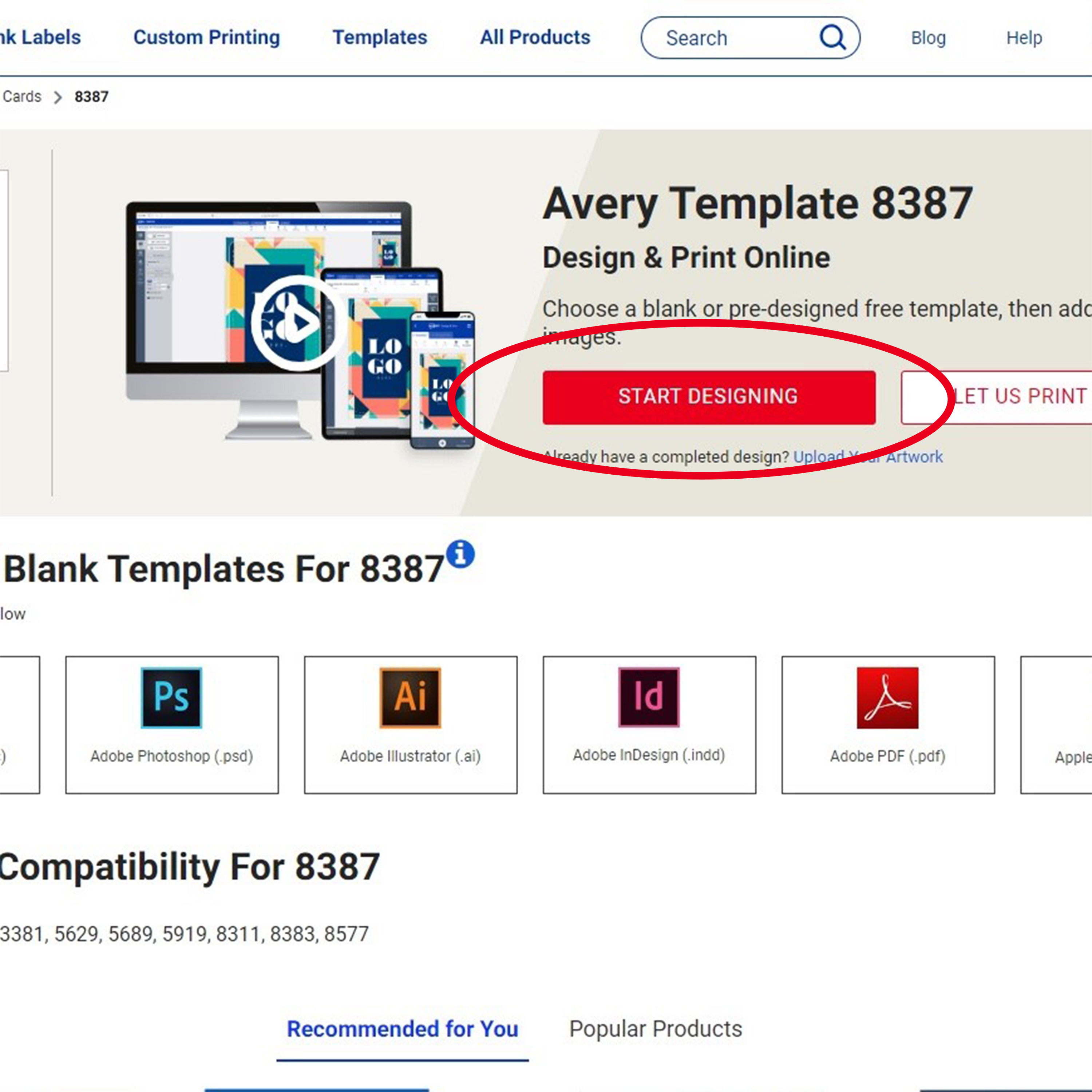 A screenshot of the template page for Avery card product 8387. the screenshot shows where to click to start designing using Avery Design and Print Online software.