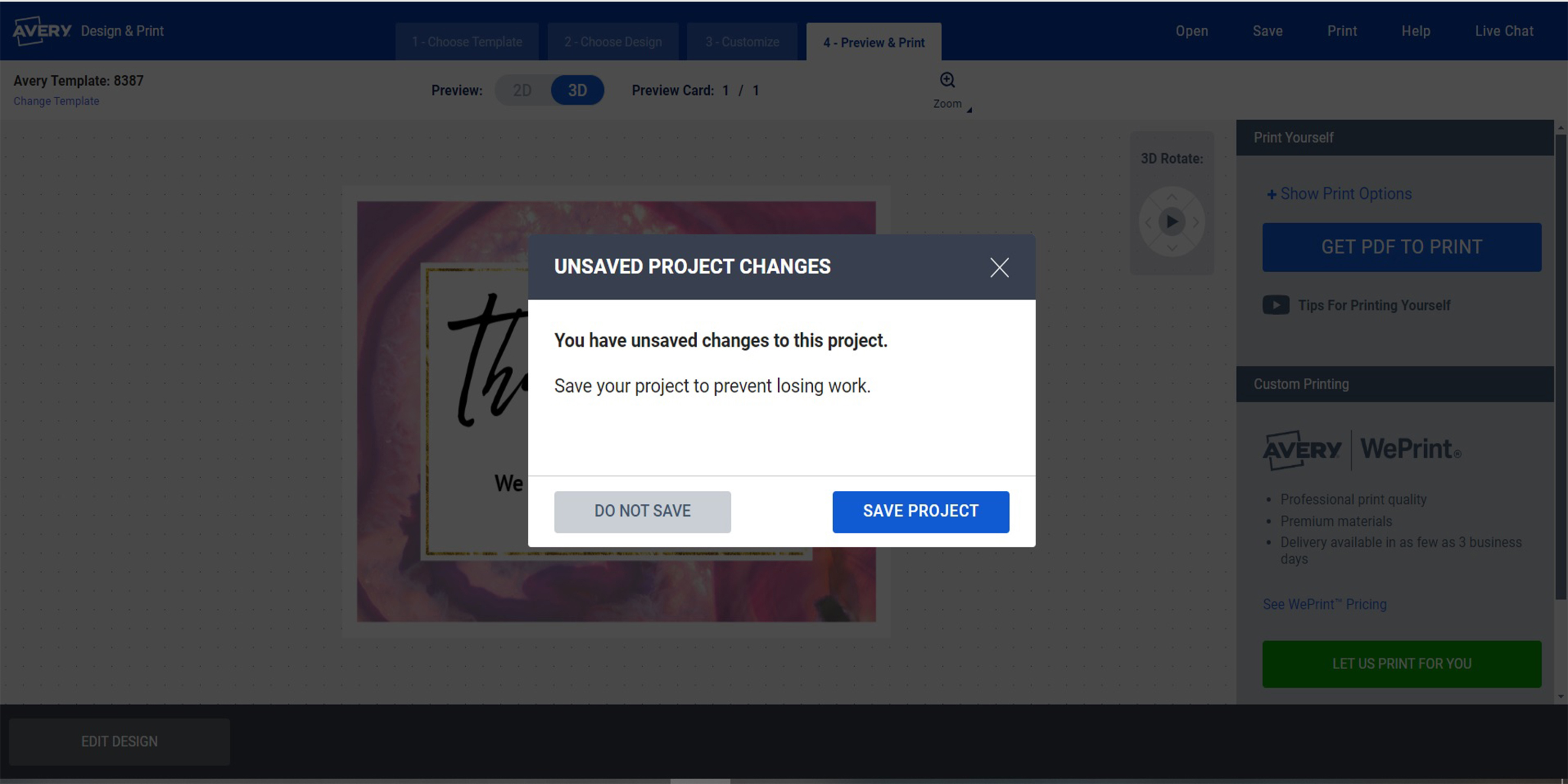 An example of the pop-up screen that prompts you to save your project before printing on Avery cards or ordering custom-printed cards. 