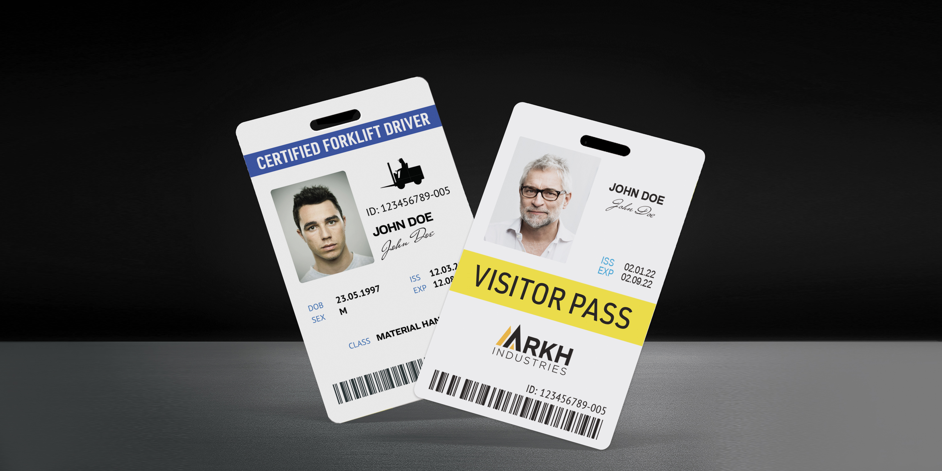 Image showing two examples of Avery 61612 tall employee ID badges. A photo ID of a certified forklift driver badge and a photo ID of a visitor pass badge