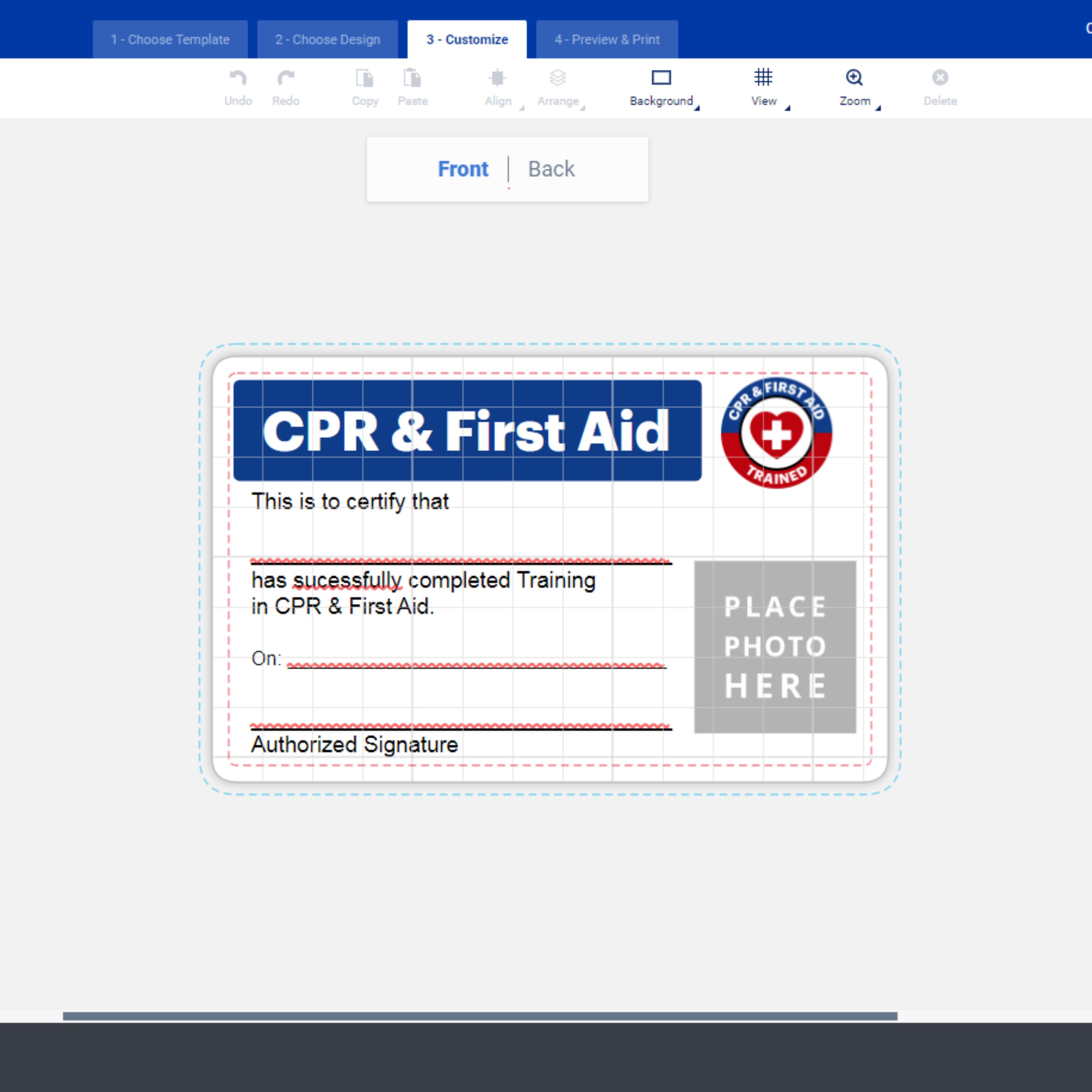 Free Avery template for a CPR and First Aid safety certification card employee ID card. The image is a screenshot of Avery Design and Print Online showing the template in the editor screen.