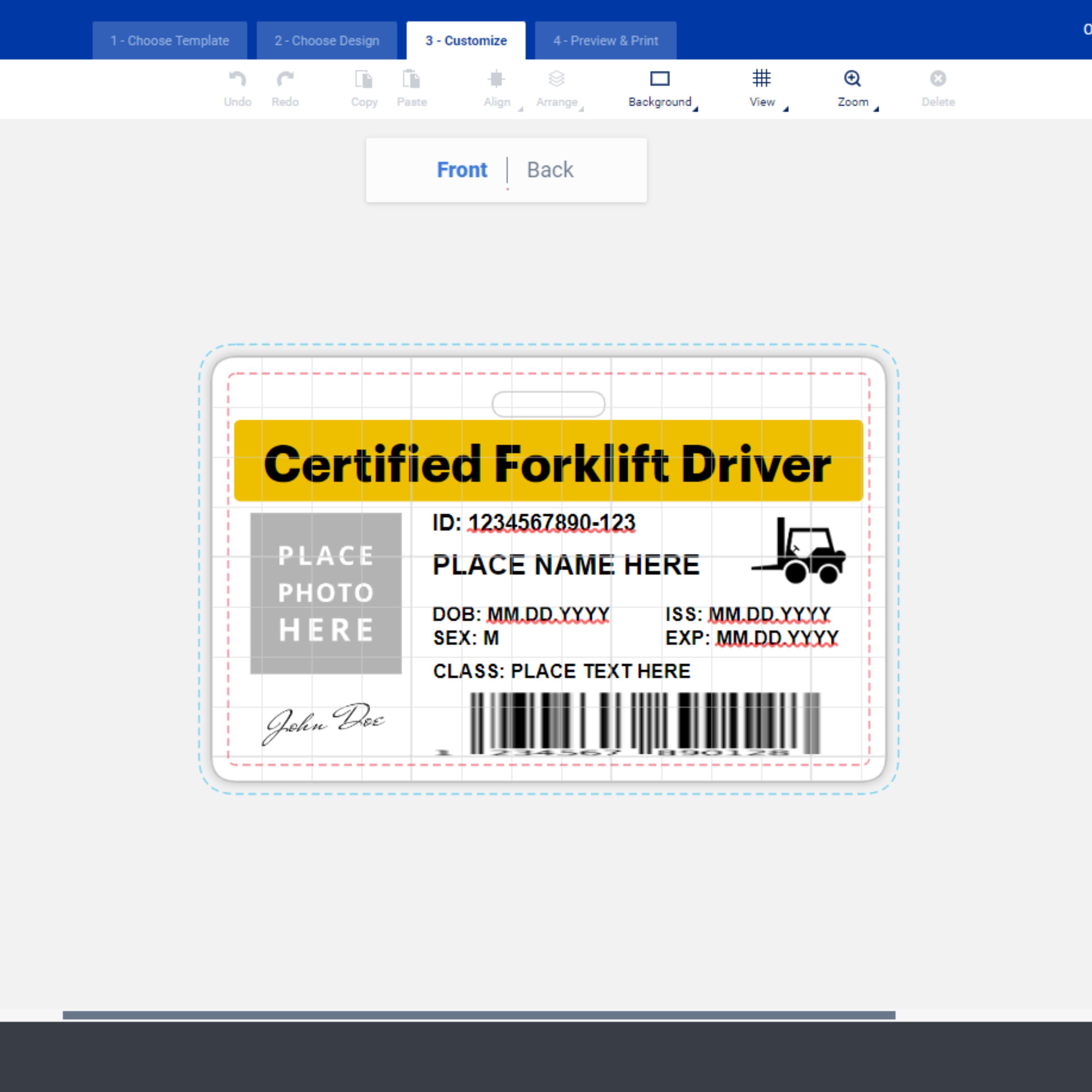 Free Avery template for a certified forklift driver employee ID badge. The image is a screenshot of Avery Design and Print Online showing the template in the editor screen.