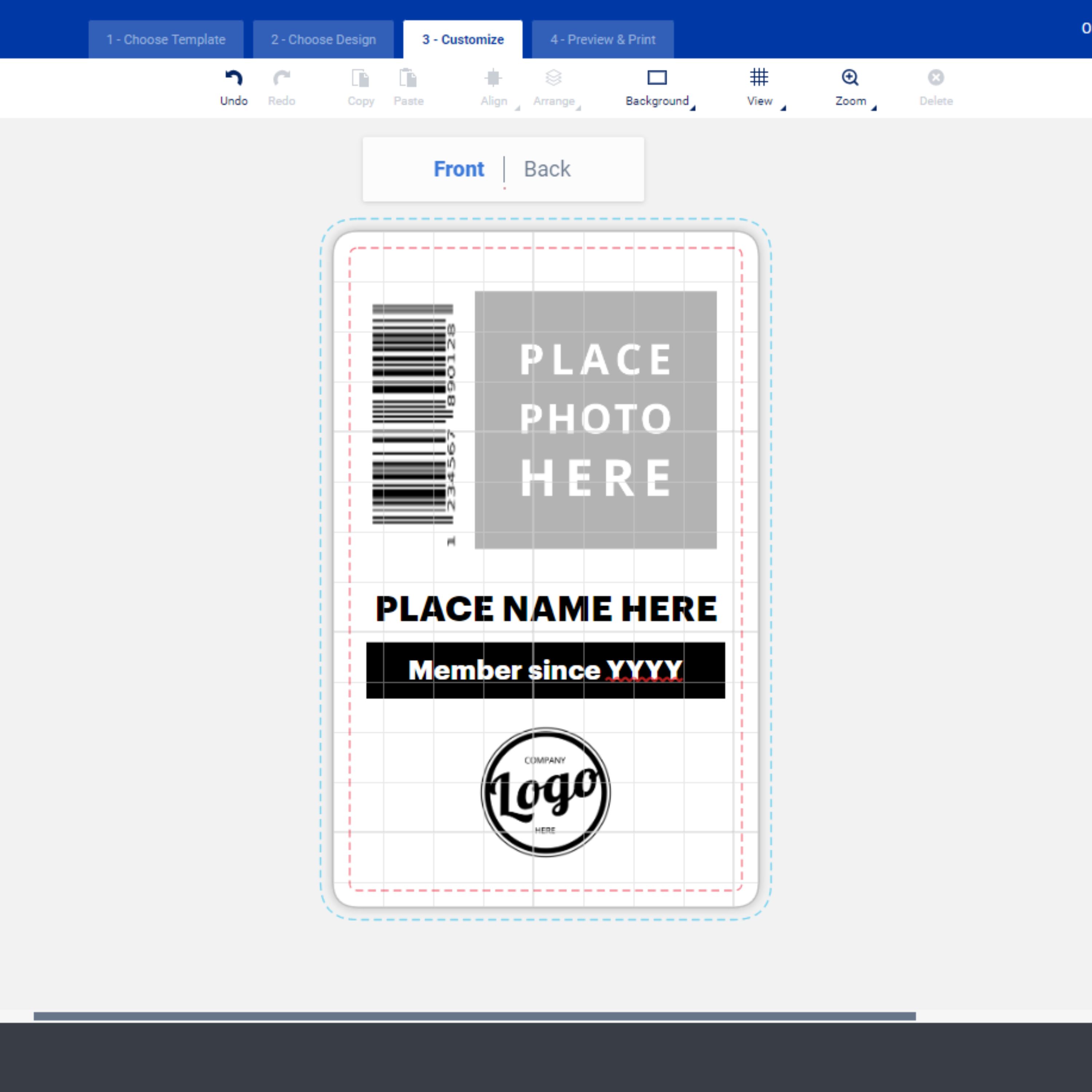 Free Avery template for a membership card employee ID card. The image is a screenshot of Avery Design and Print Online showing the template in the editor screen.