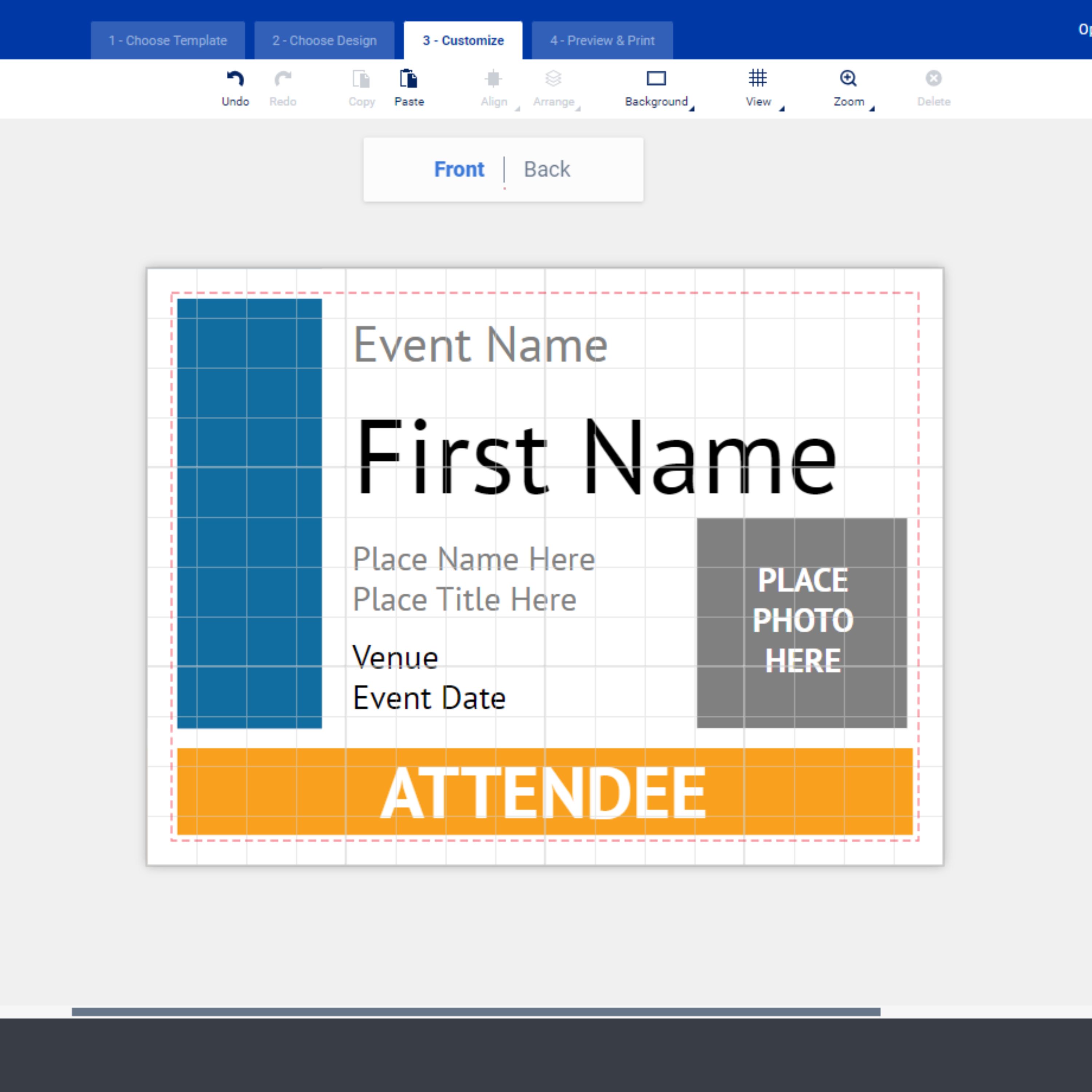 Free Avery template for an event employee ID badge. The image is a screenshot of Avery Design and Print Online showing the template in the editor screen.

