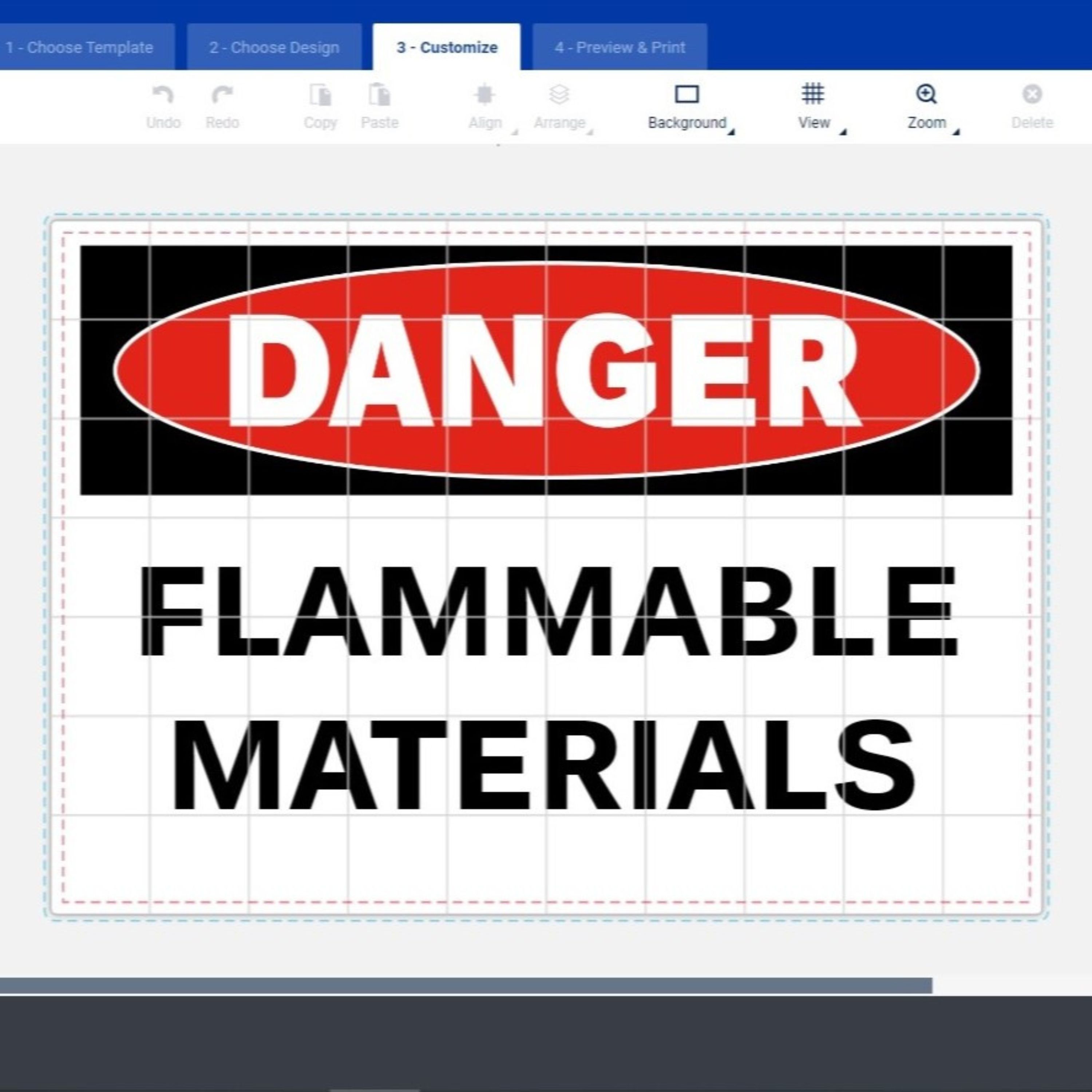 Safety sign template displaying a bold red "DANGER" label with the warning "FLAMMABLE MATERIALS" in black text on a white background. The template includes a grid for precise customization.