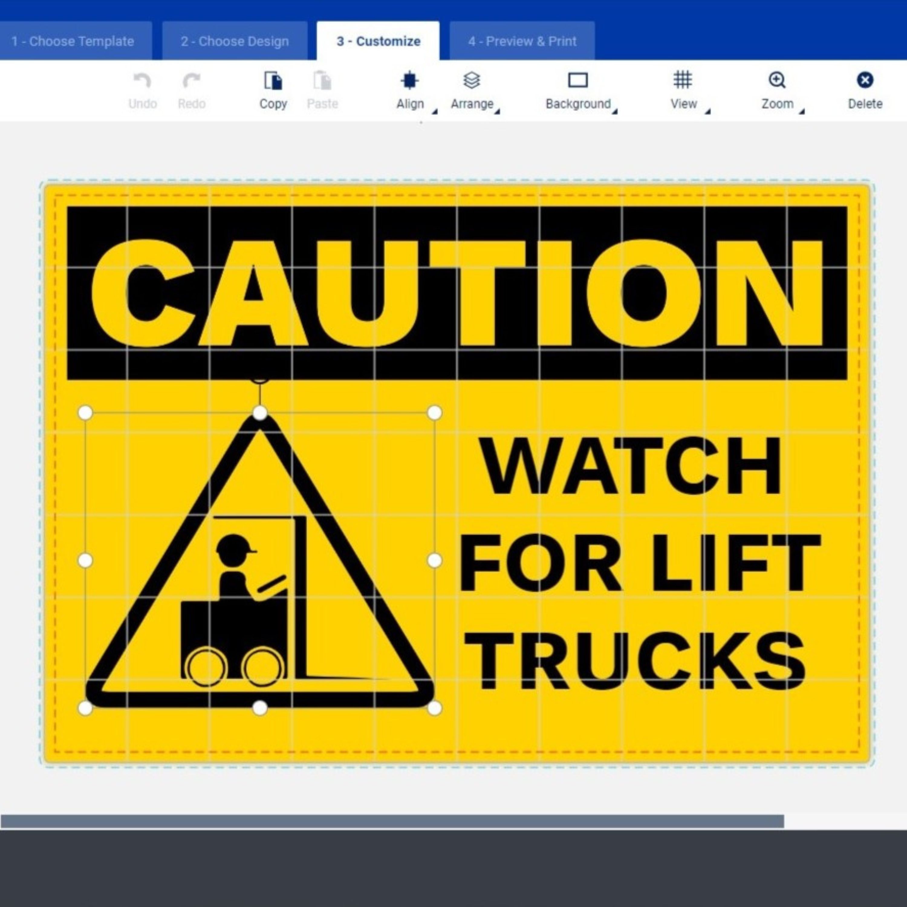 Safety sign template featuring a bold yellow background with the word "CAUTION" in large black letters and the message "WATCH FOR LIFT TRUCKS" alongside a forklift warning symbol.