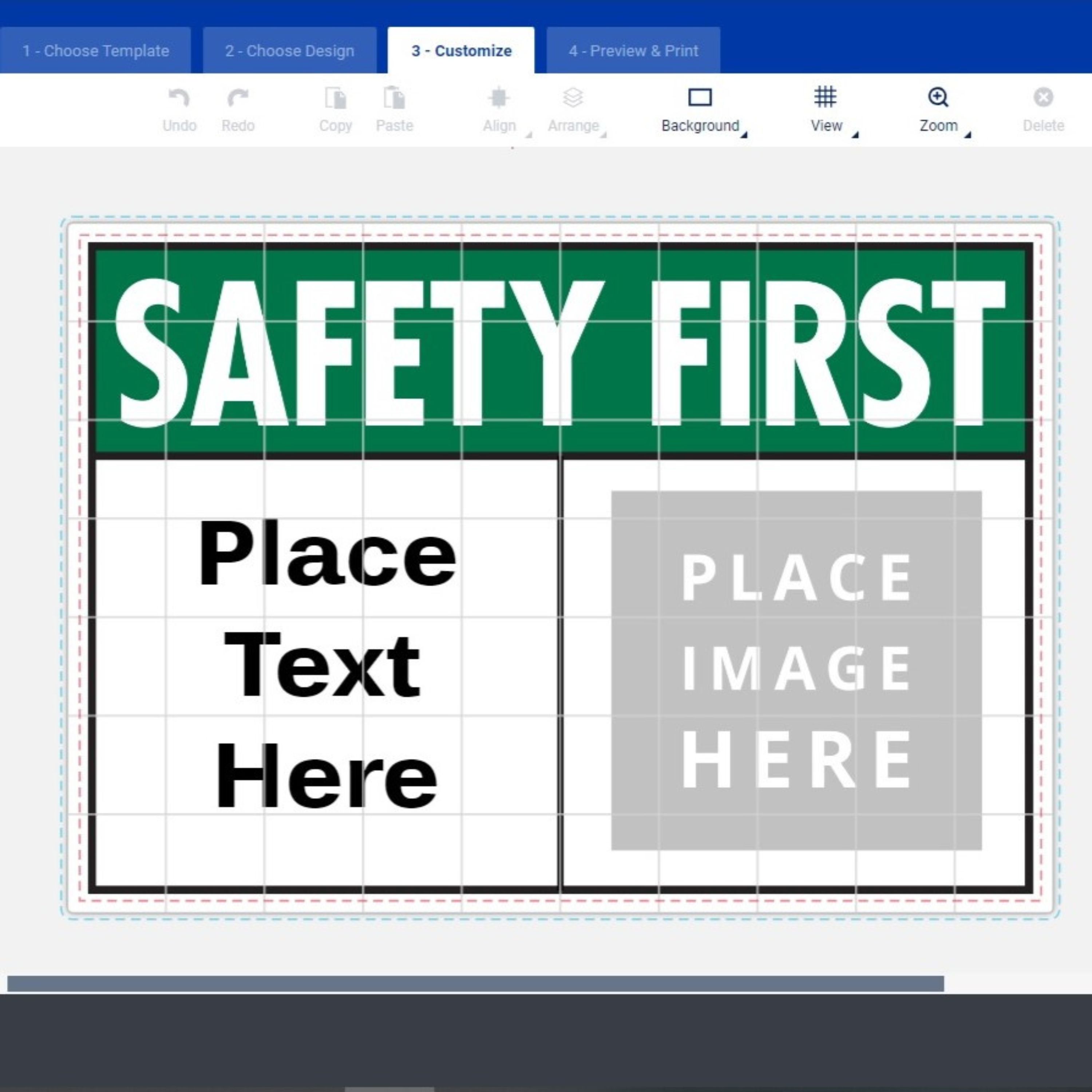 Customizable safety sign template with a green "SAFETY FIRST" header, placeholder text reading "Place Text Here," and a designated area labeled "PLACE IMAGE HERE" for adding custom images.