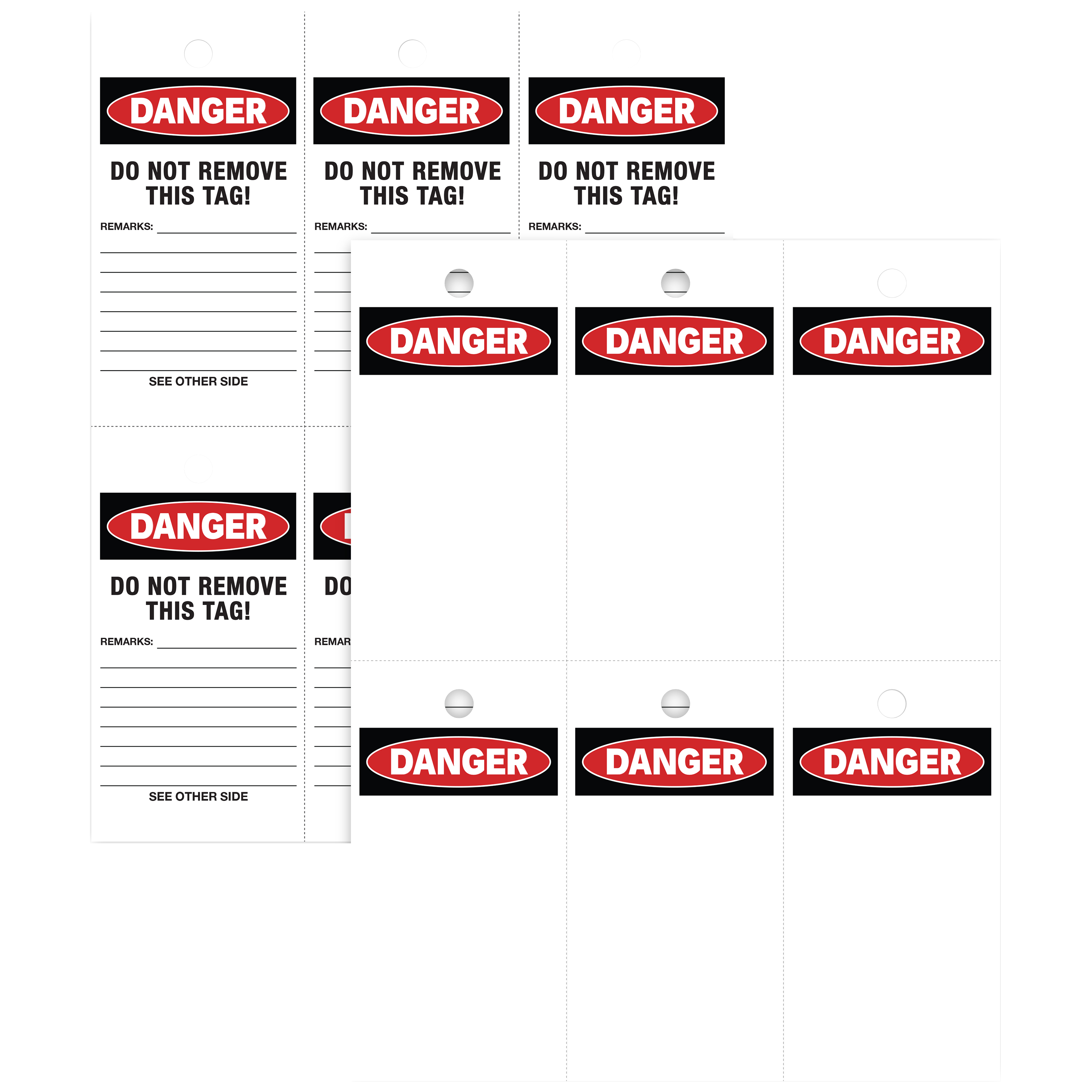 An image showing an example of Avery 62401 printable safety tags how the arrive out of the package before printing. The image illustrates that there is a preprinted OSHA "Danger" header on both sides, and additional preprinted information on one side only.