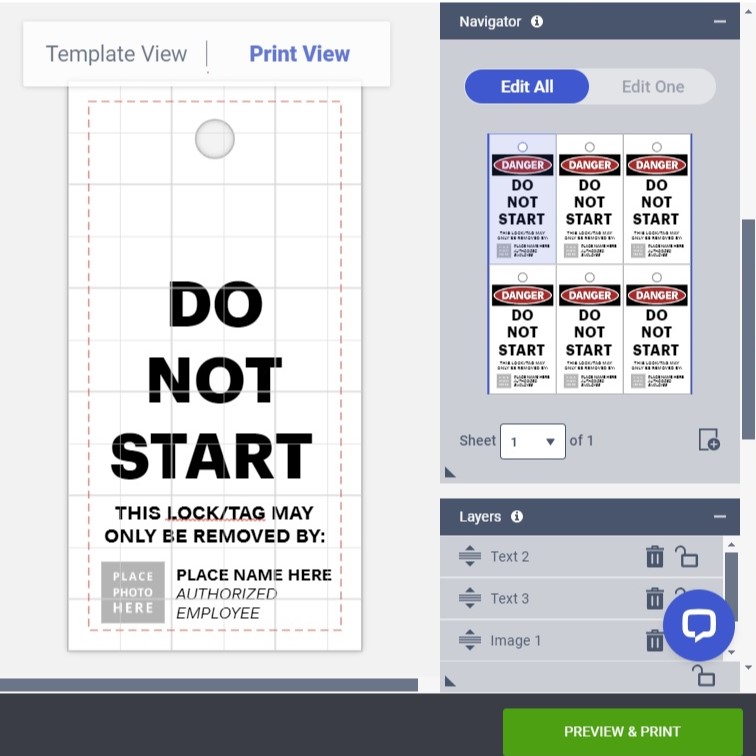 An example of a "Do Not Start" lockout/tagout tag design. The image shows a customizable template available in the Avery free online software. The image shows how you can view the template and edit it. 