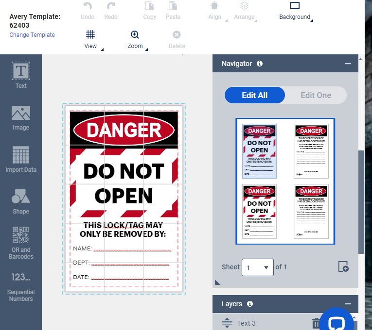 An example of what a lockout/tagout tag looks like with an OSHA "Danger" header and a "Do Not Open" message. The image shows a free, customizable template available in Avery Design and Print Online. It is a screenshot of the editor showing how you can add images, texts, and other elements to the predesigned template. 
