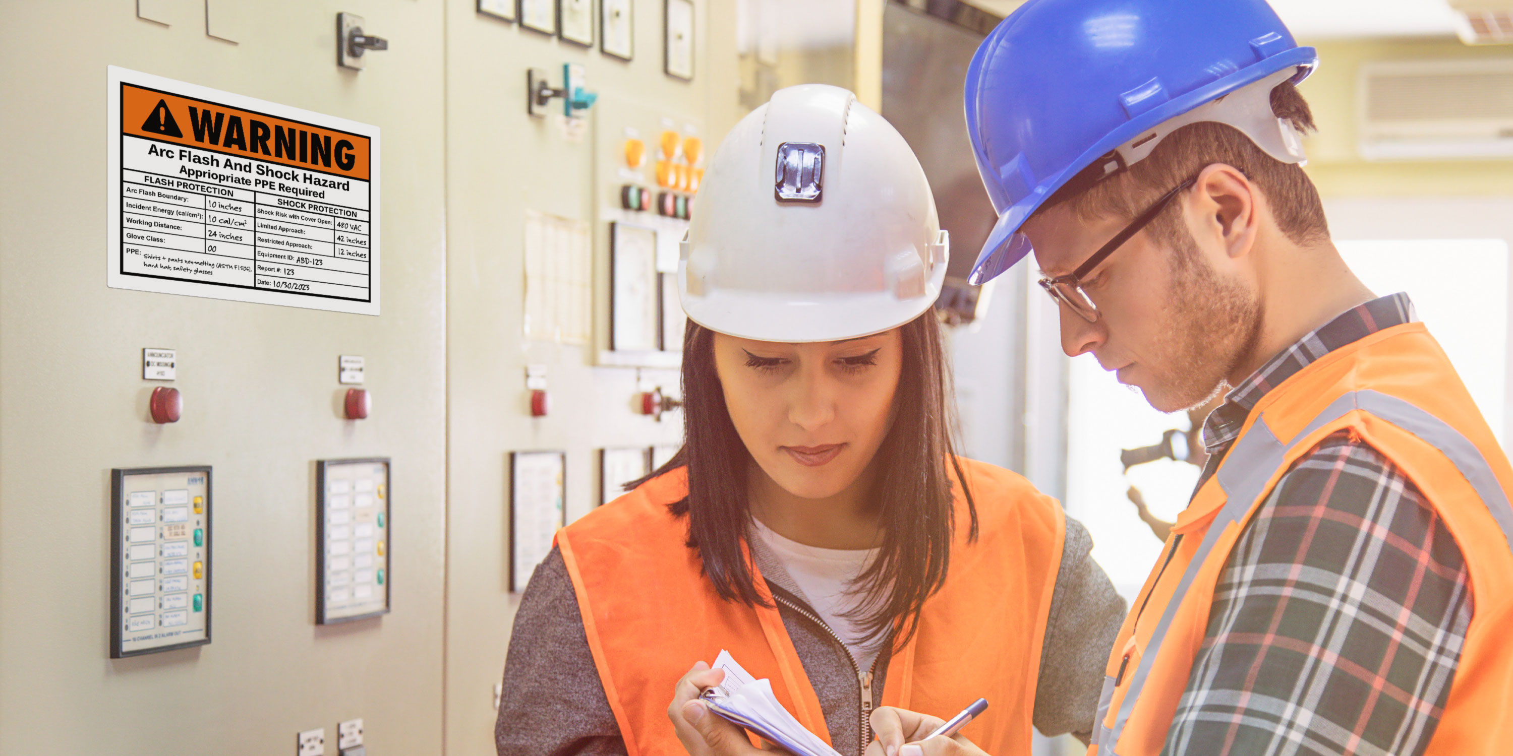 An example of where arc flash labels should be placed. The image shows two workers standing in front of a panel board with where a large arc flash sign label is prominently placed and includes a warning message.