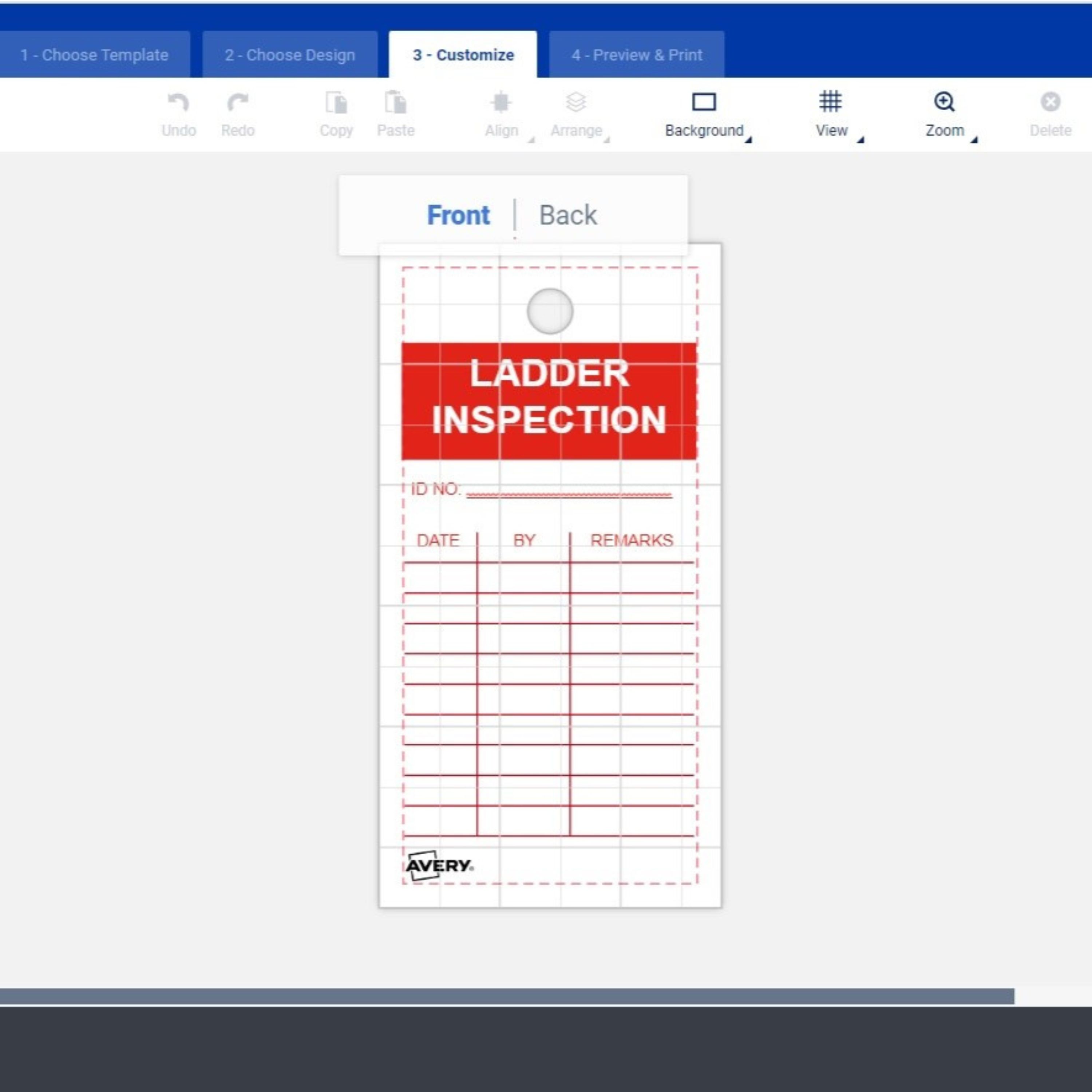 Free Avery template for ladder inspection tags. The image is a screenshot of the Avery Design and Print Online editor showing how to edit the front and back of the tag.