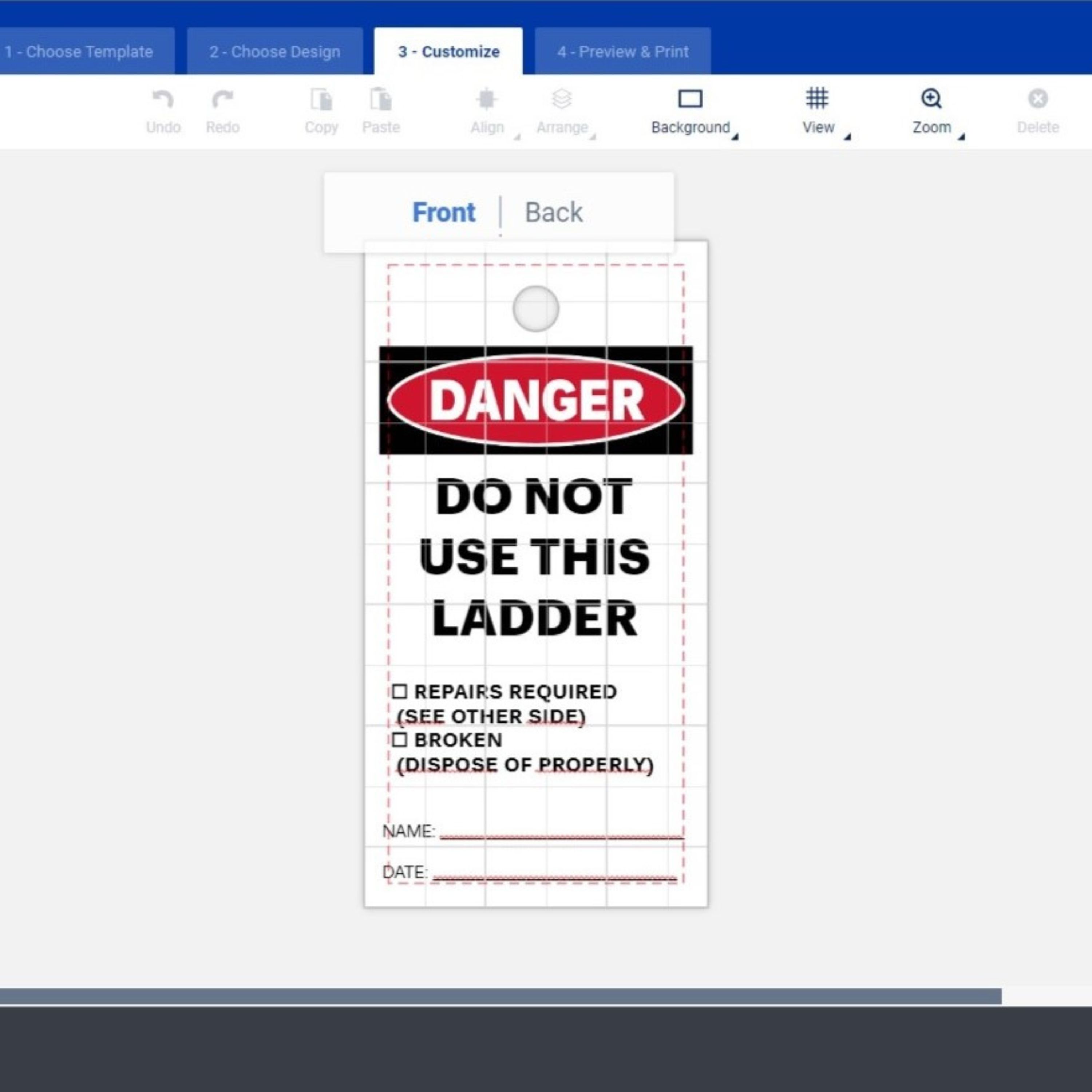 Free Avery template for "Danger Do Not Use This Ladder Tags." The image is a screenshot of Avery Design and Print Online showing the template in the editor screen. 