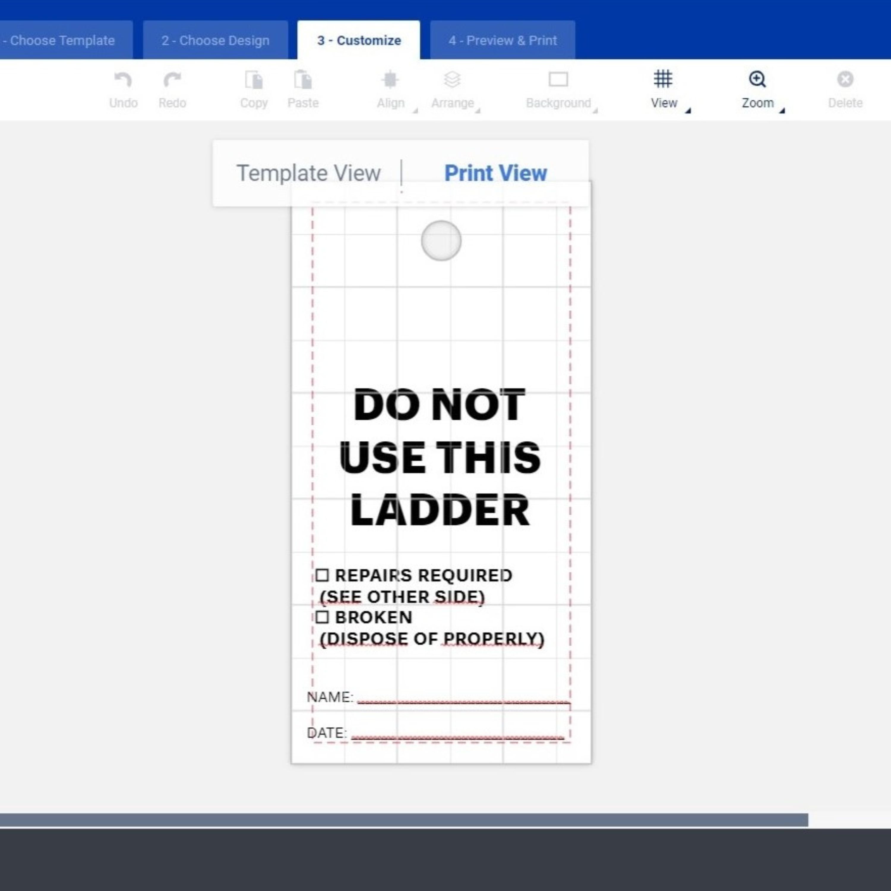 An example of what templates look like for Avery tags that come with a preprinted OSHA "Danger" header. The screenshot shows that you can view the design with the preprinted header (Template View) and without it (Print View). The print view lets you see only what will be printed. 