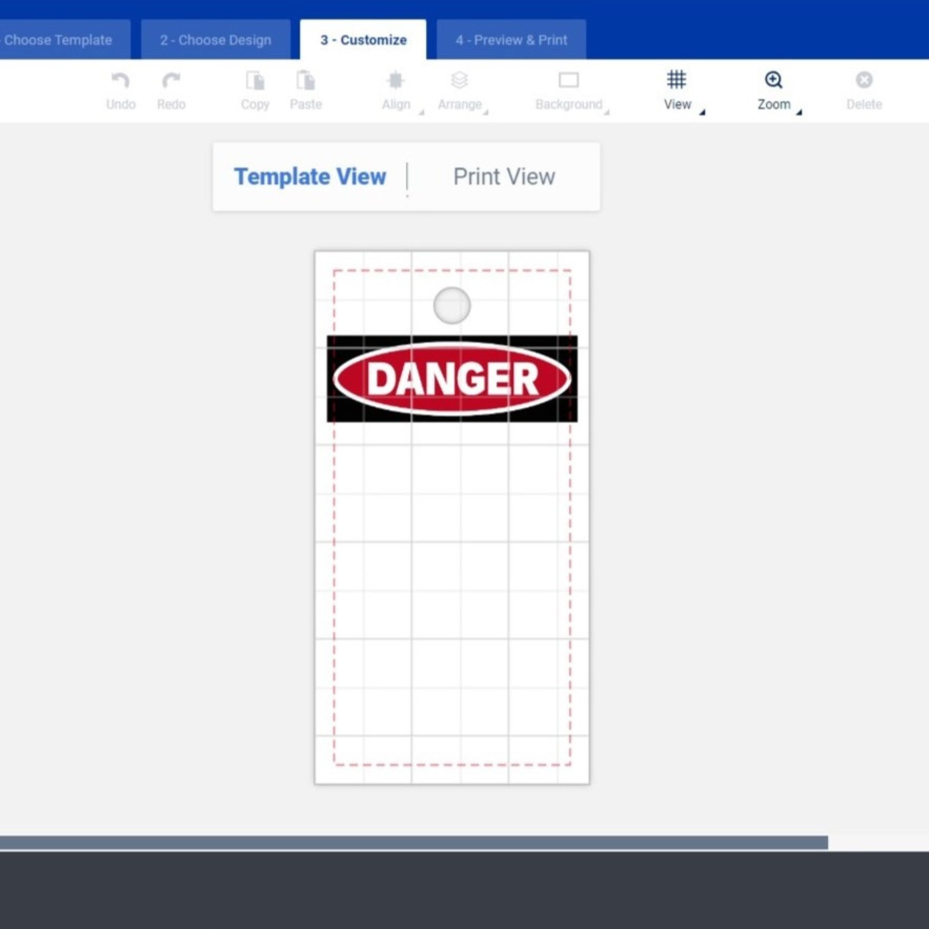 An example of what a blank template for Avery tags that come with a preprinted OSHA "Danger" header looks like  (Avery 62401). The screenshot shows that you use template view to design around where the preprinted header will be on the tag.