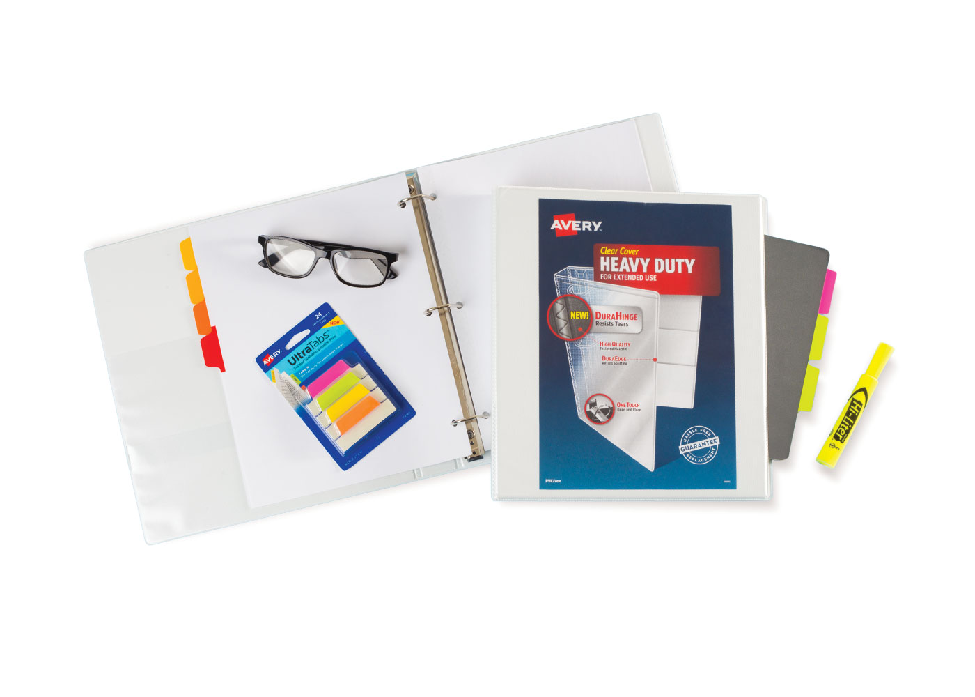 An assortment of Avery binders and office products