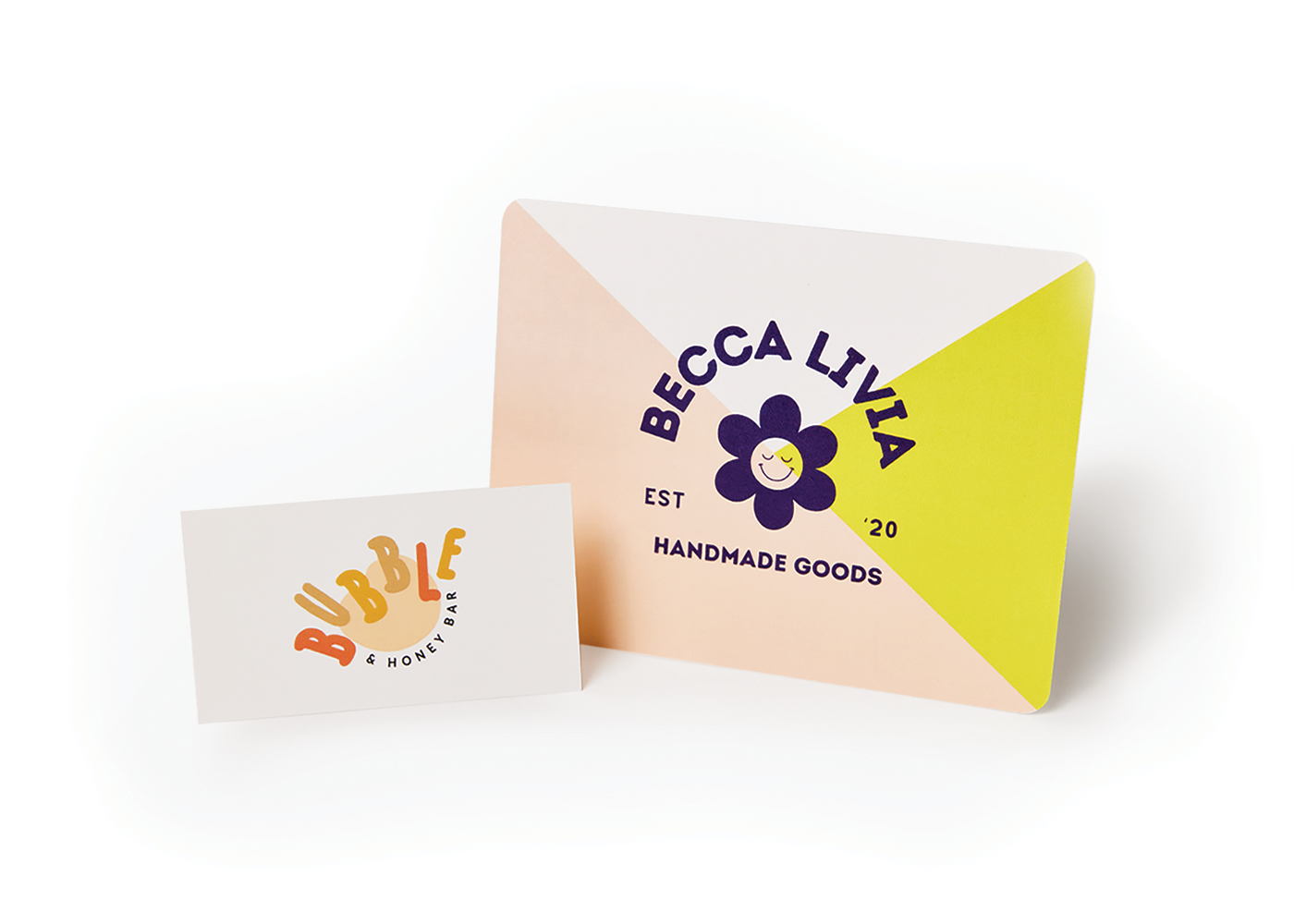 An Avery business card and note card branded with small business designs for homemade goods.