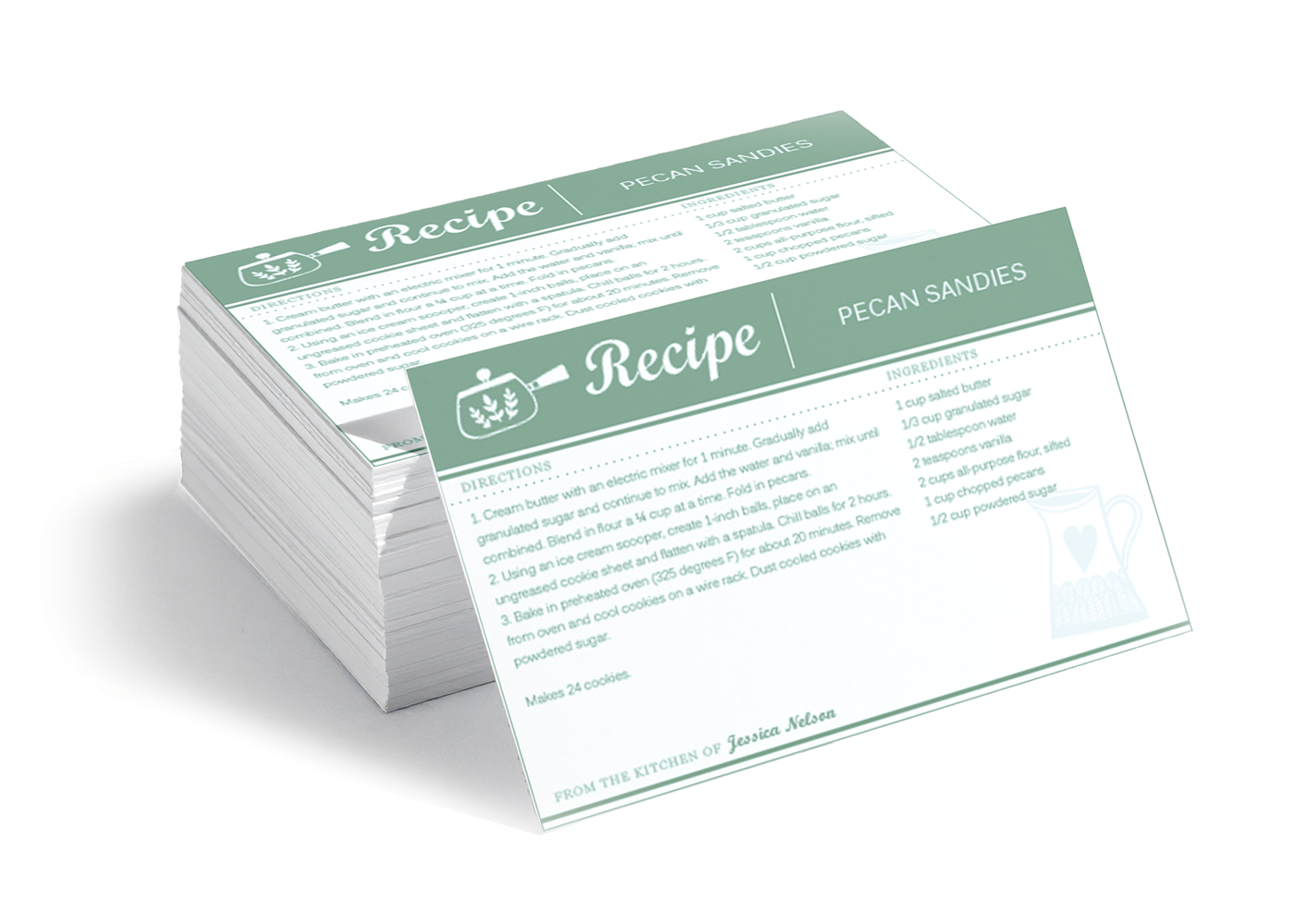 Avery cards printed with pecan sandies recipes.